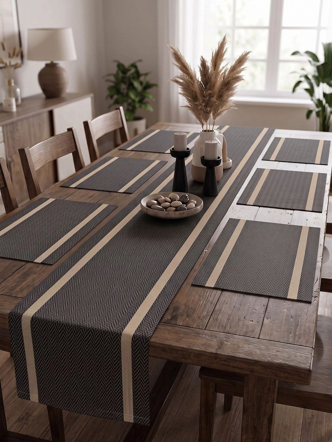 Myntra Elegant Homes 7-Pcs Black Striped Rectangle Table Placemats With Runner-picture-15