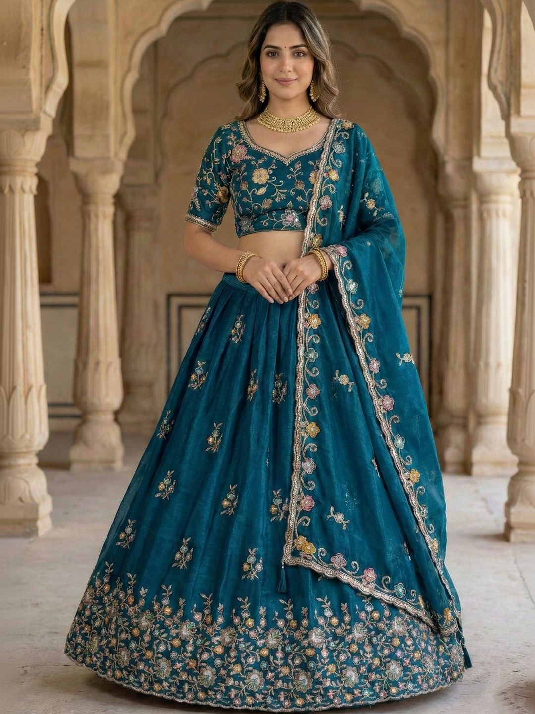 R V FASHION Embroidered Thread Work Semi-Stitched Lehenga & Unstitched Blouse With Dupatta-picture-24