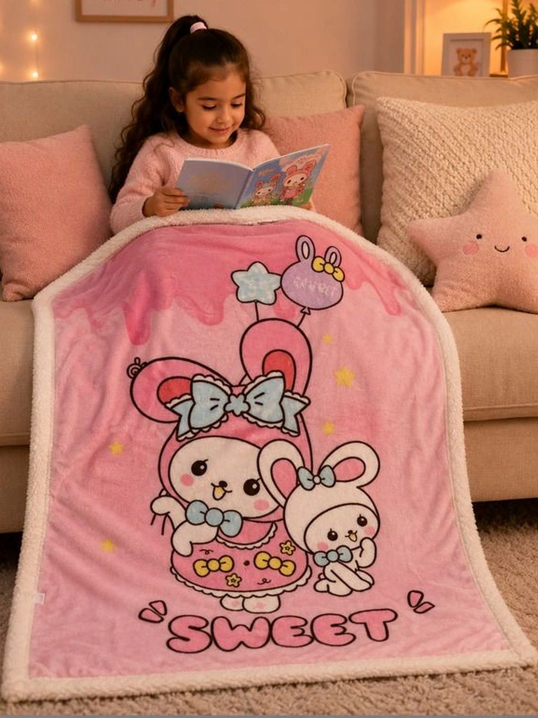 Milkymoon Kids Pink Cartoon Characters Fleece Mild Winter 300 GSM Blanket-picture-54