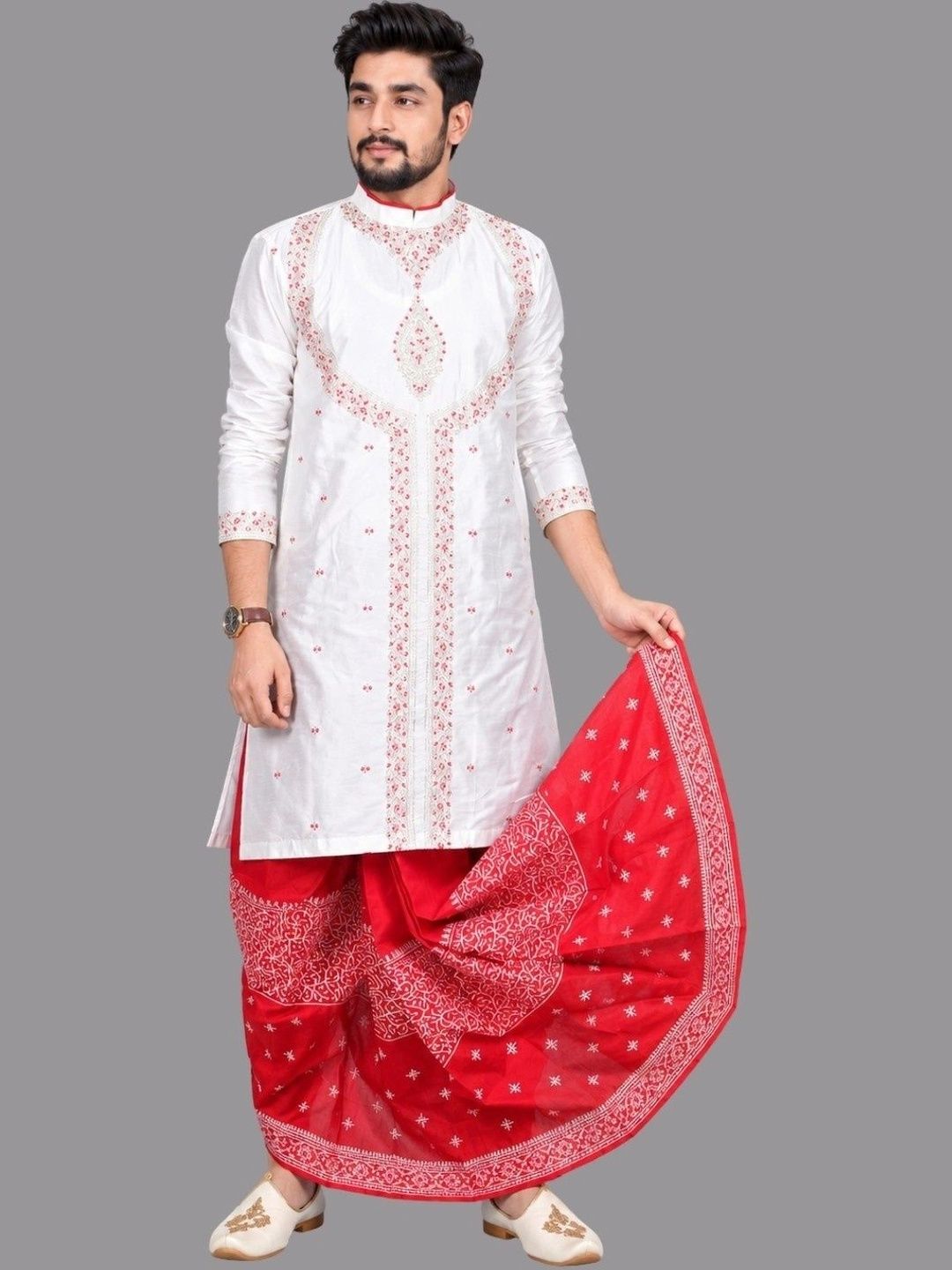 GOURI COLLECTIONS Men Ethnic Motifs Embroidered Regular Thread Work Kurta with Dhoti Pants-picture-36