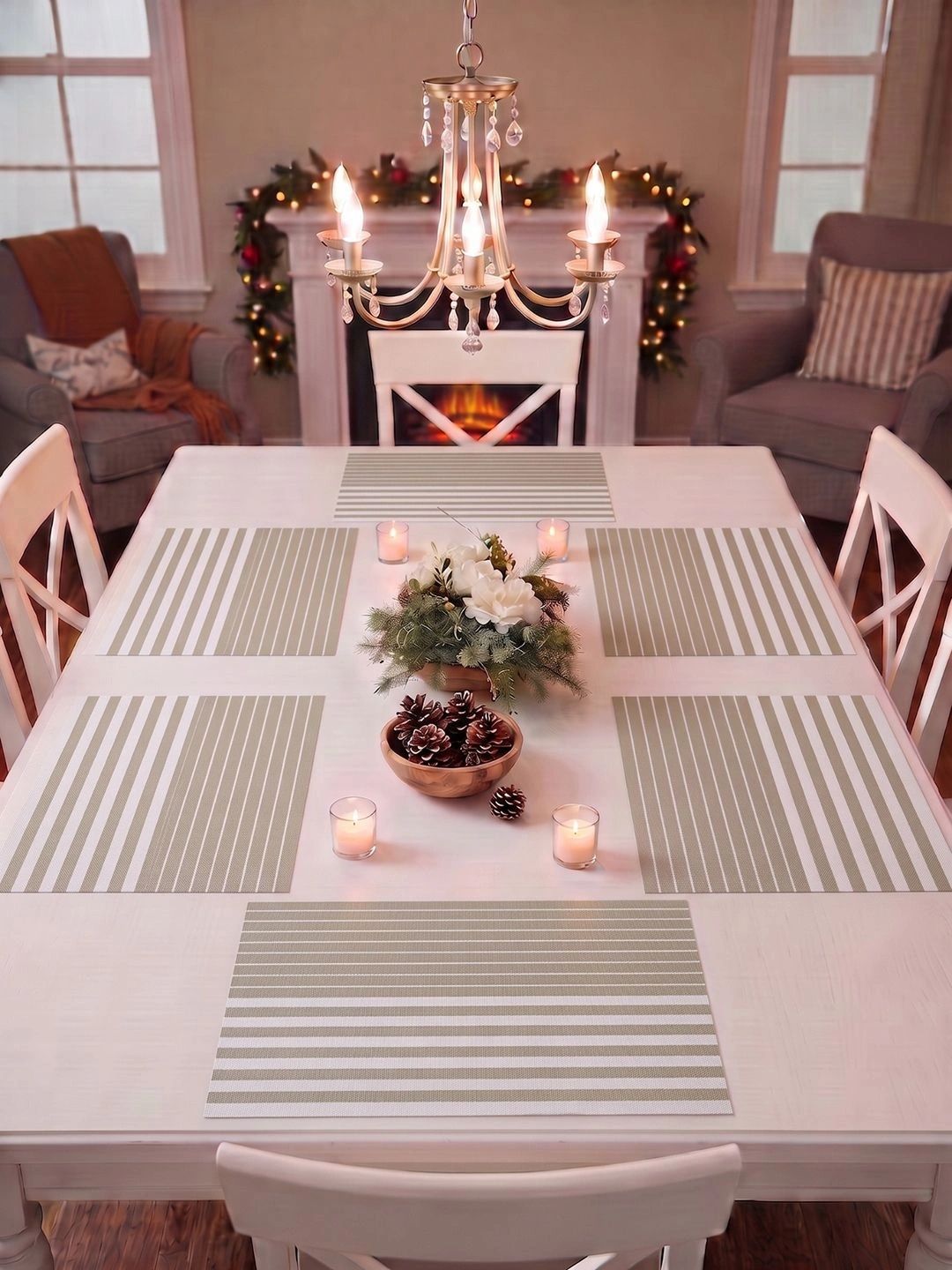 Myntra Elegant Homes 8-Pcs Khaki Striped Rectangle Table Placemats-picture-21
