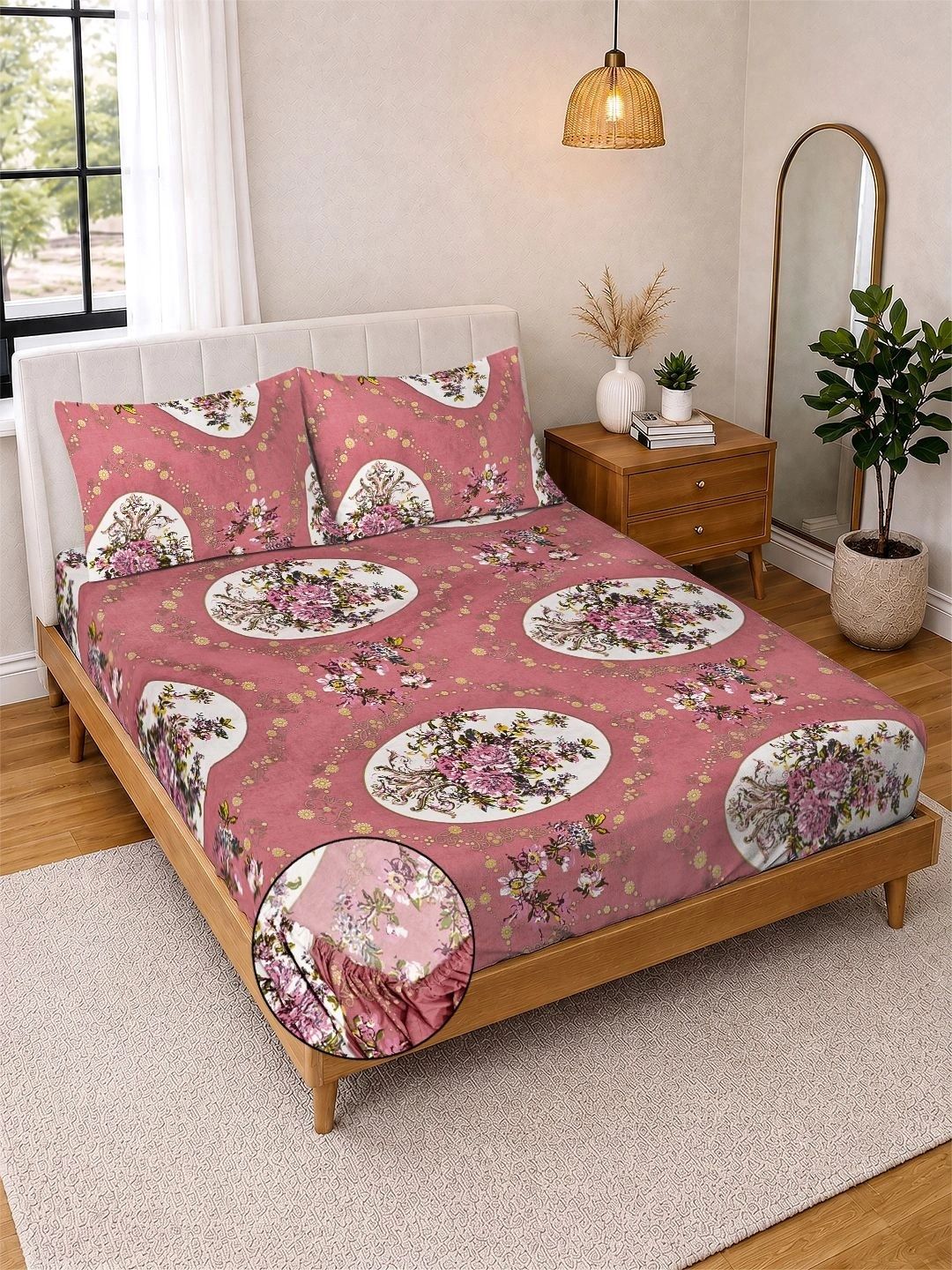 Myntra Elegant Homes Rust & Pink Floral 300 TC King Bedsheet with 2 Pillow Covers-image-12