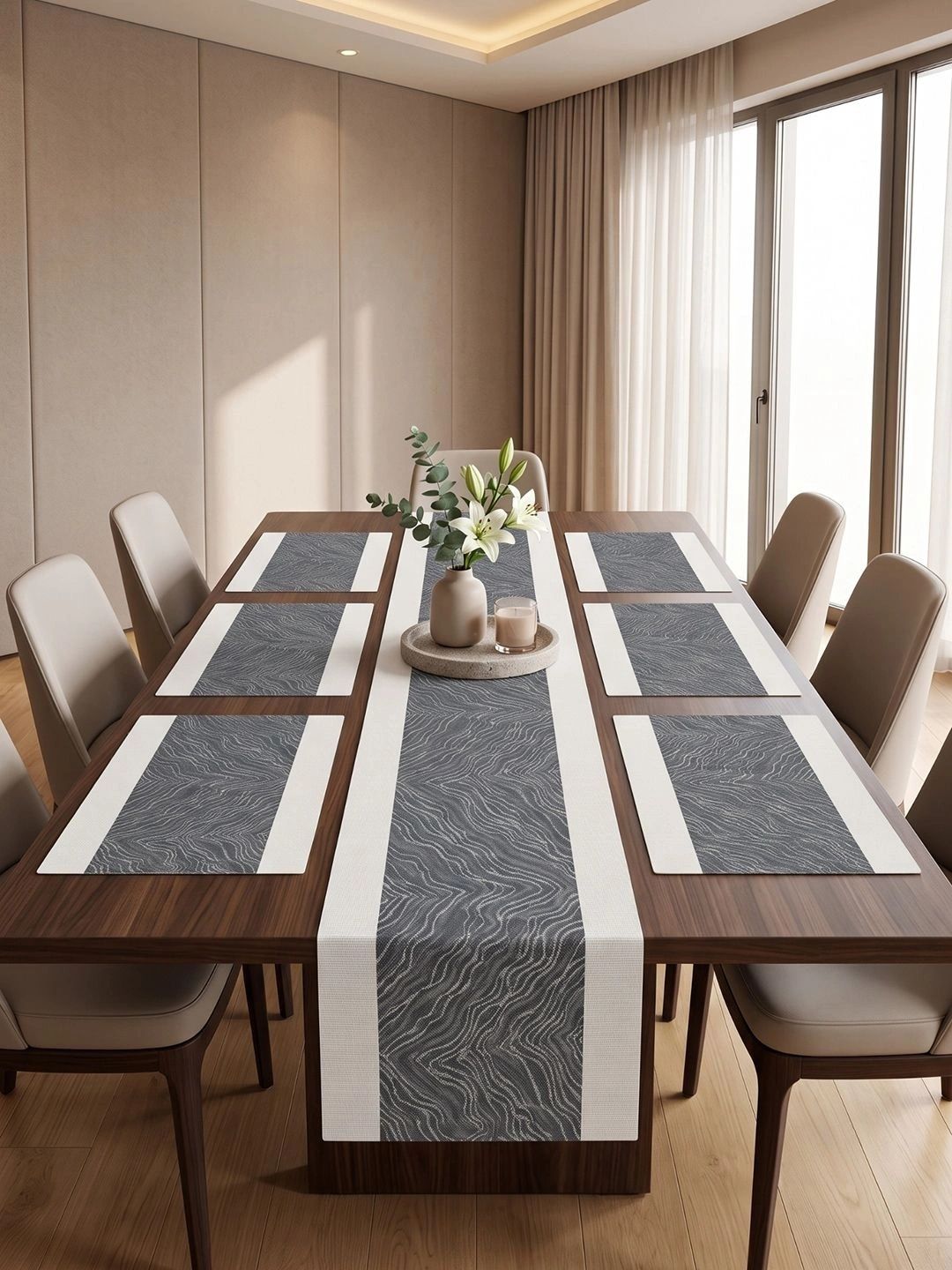 Myntra Elegant Homes 7-Pcs Grey Striped Rectangle Table Placemats With Runner-picture-46