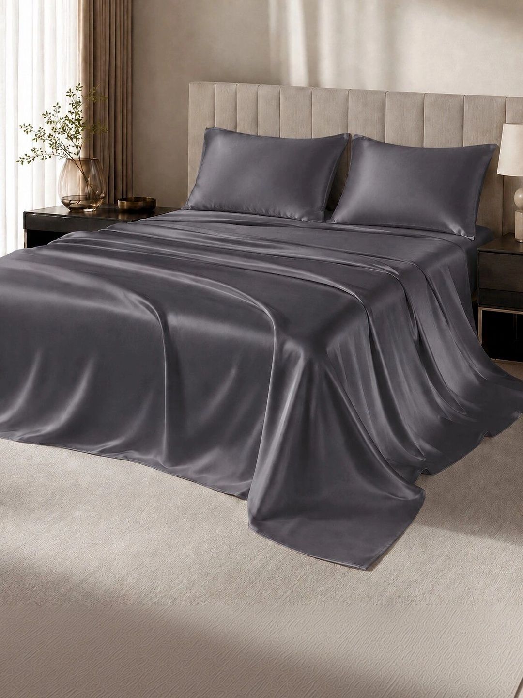 Myntra Elegant Homes Grey 350 TC King Bedsheet with 2 Pillow Covers-image-37
