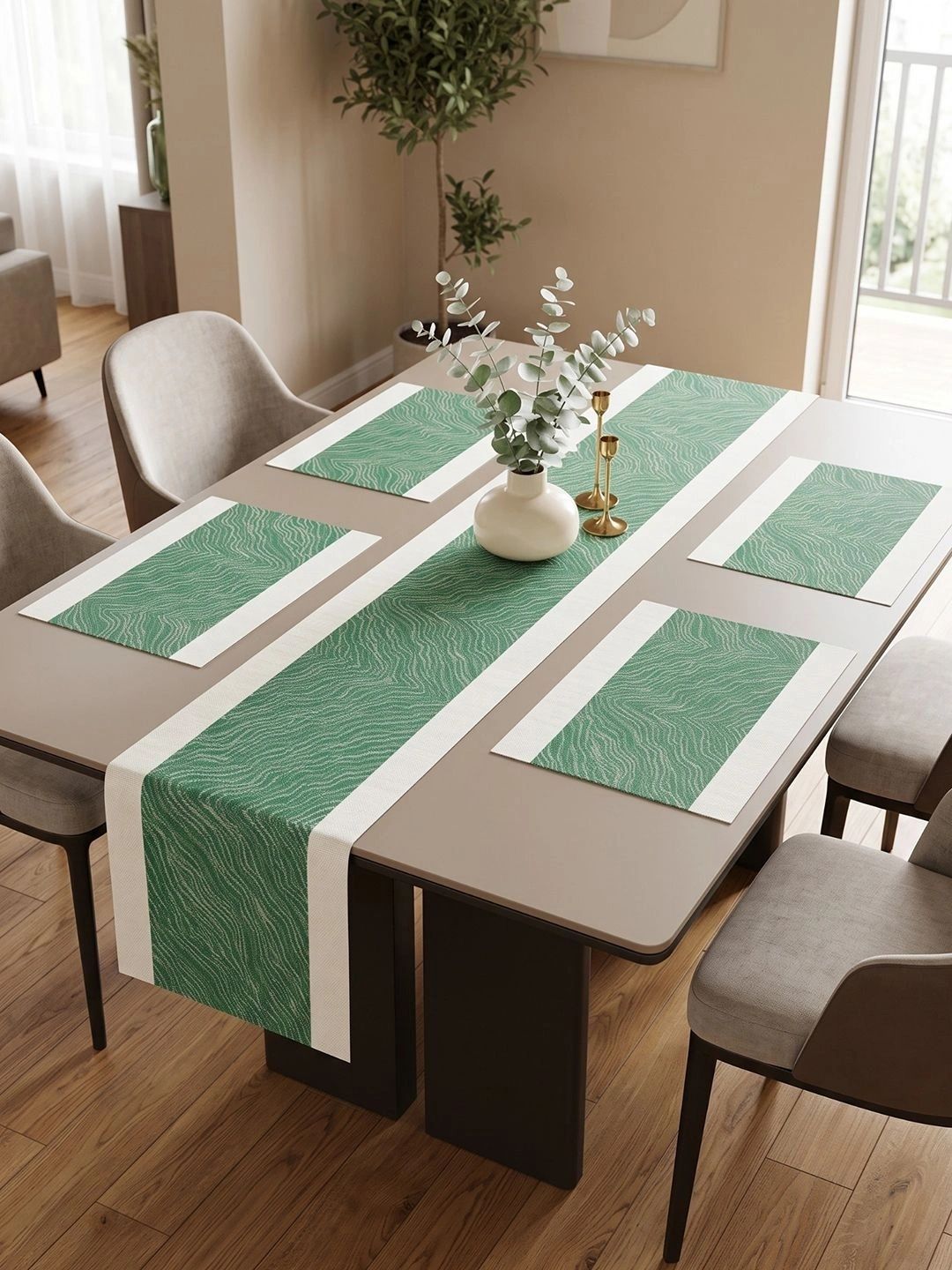 Myntra Elegant Homes 5-Pcs Green Striped Rectangle Table Placemats With Runner-picture-40