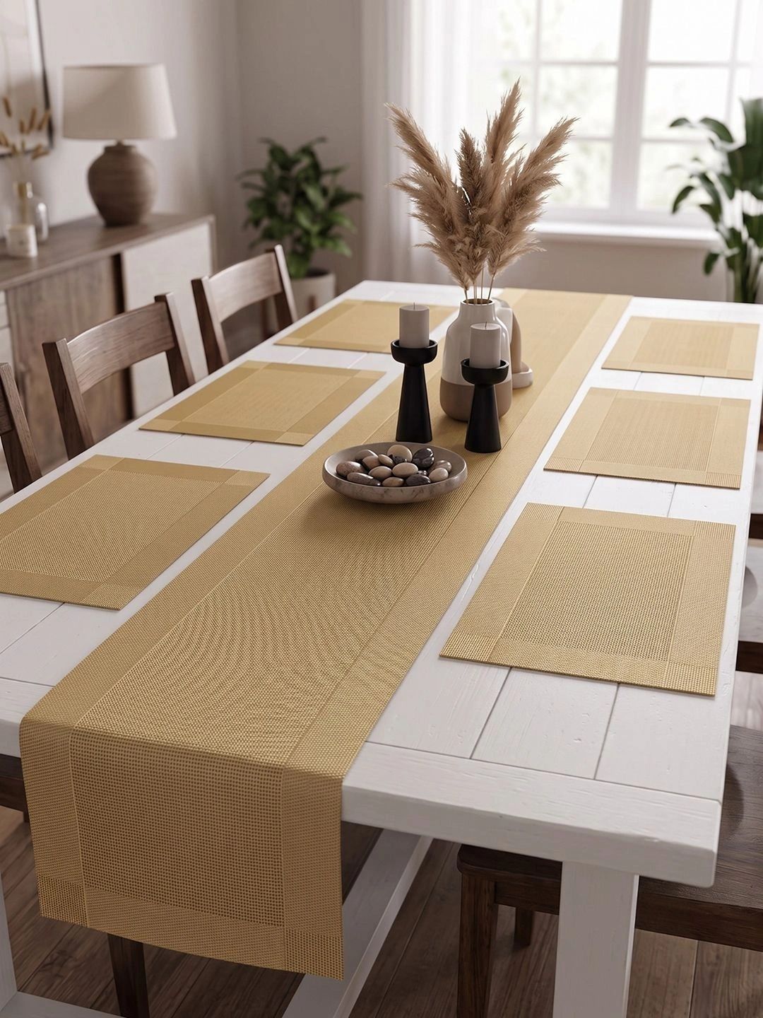 Myntra Elegant Homes 7-Pcs Beige Rectangle Table Placemats With Runner-picture-17