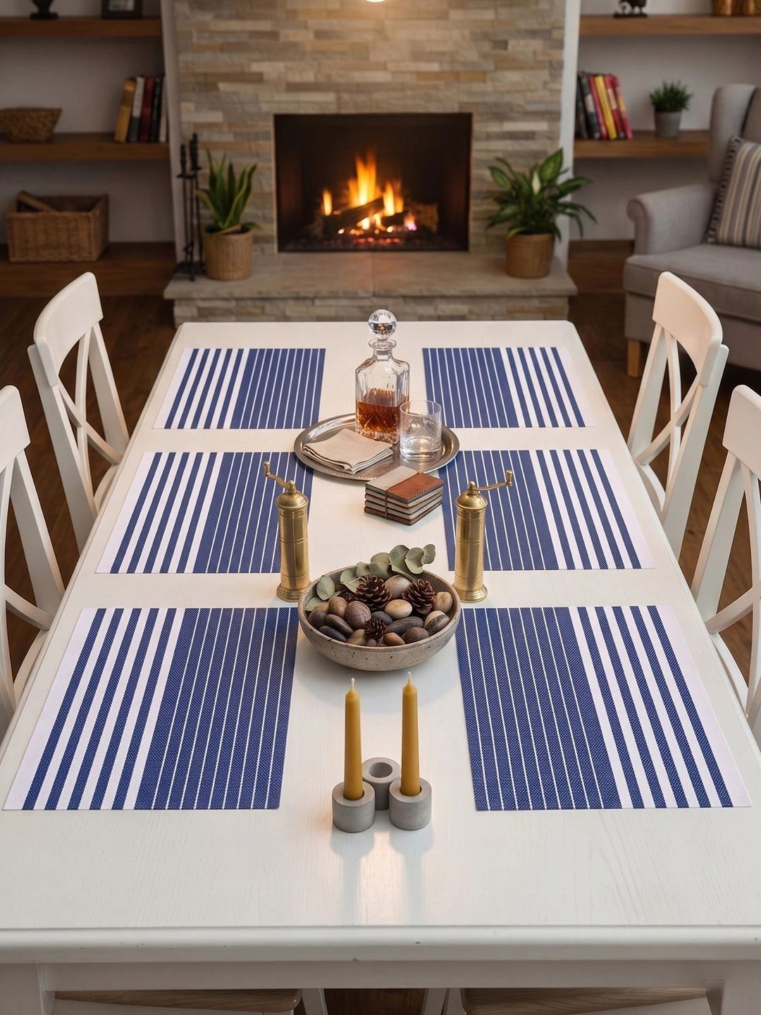 Myntra Elegant Homes 8-Pcs Navy Blue Striped Rectangle Table Placemats-picture-24