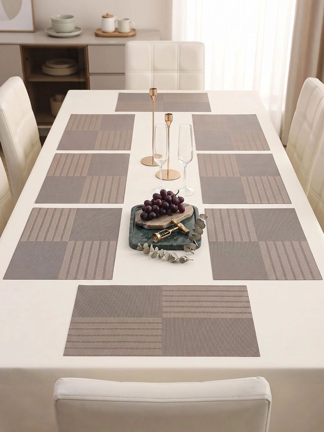 Myntra Elegant Homes 8-Pcs Camel Brown Striped Rectangle Table Placemats-picture-45