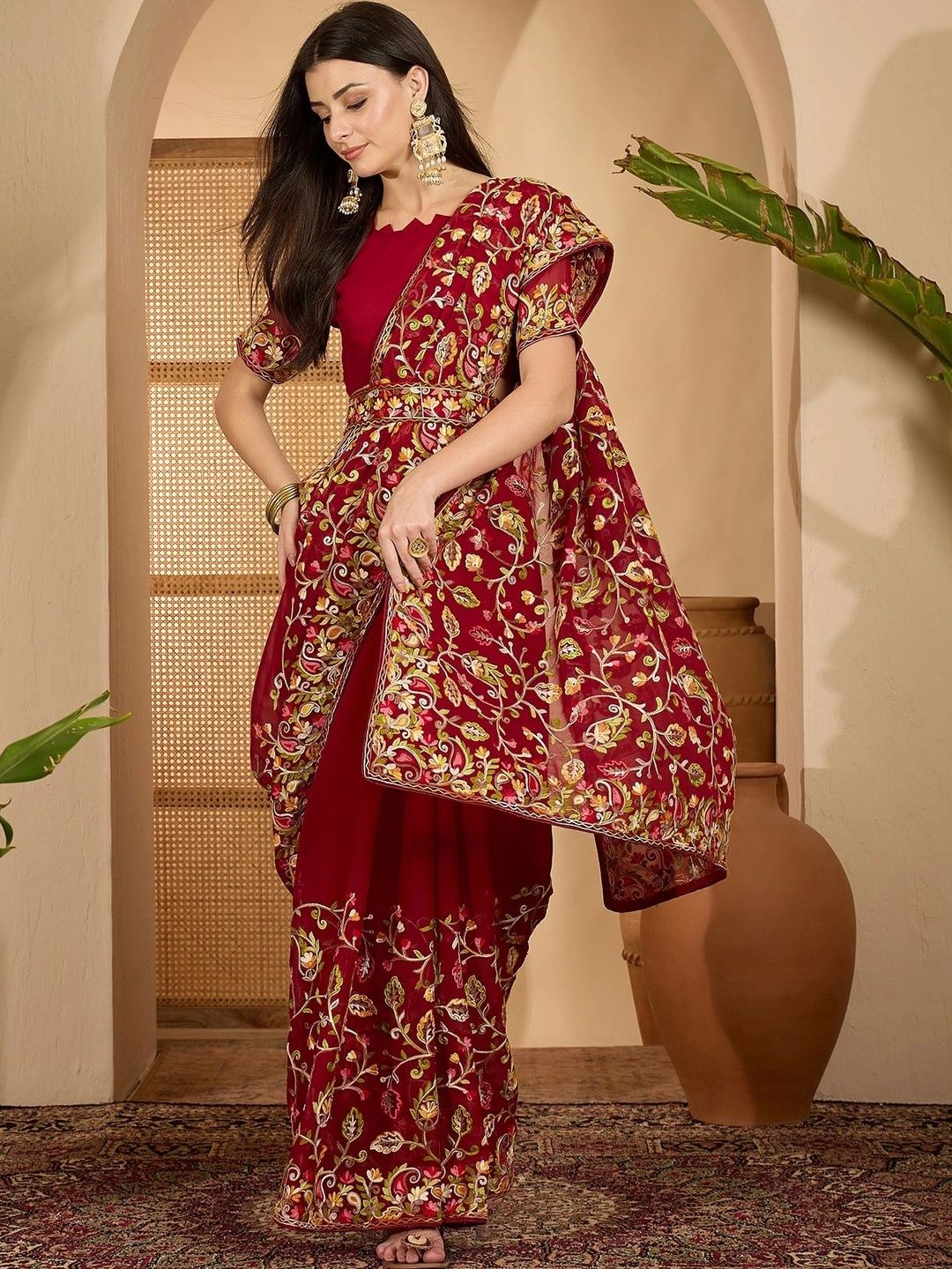 MANVAA Floral Embroidered Pure Georgette Designer Saree-picture-14