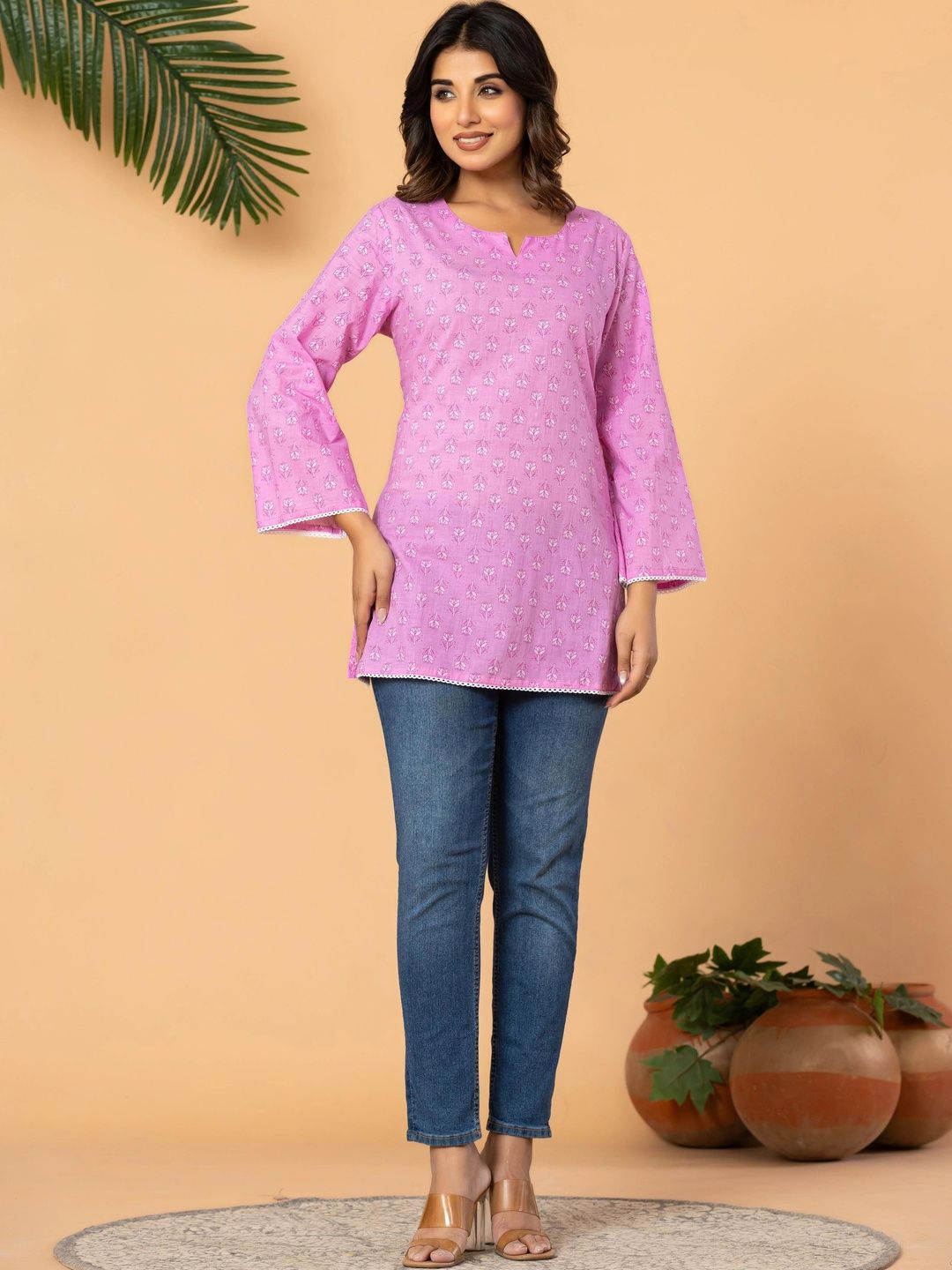 HK VASTRA Floral Printed V-Neck Flared Sleeves Pure Cotton Kurti-image-27