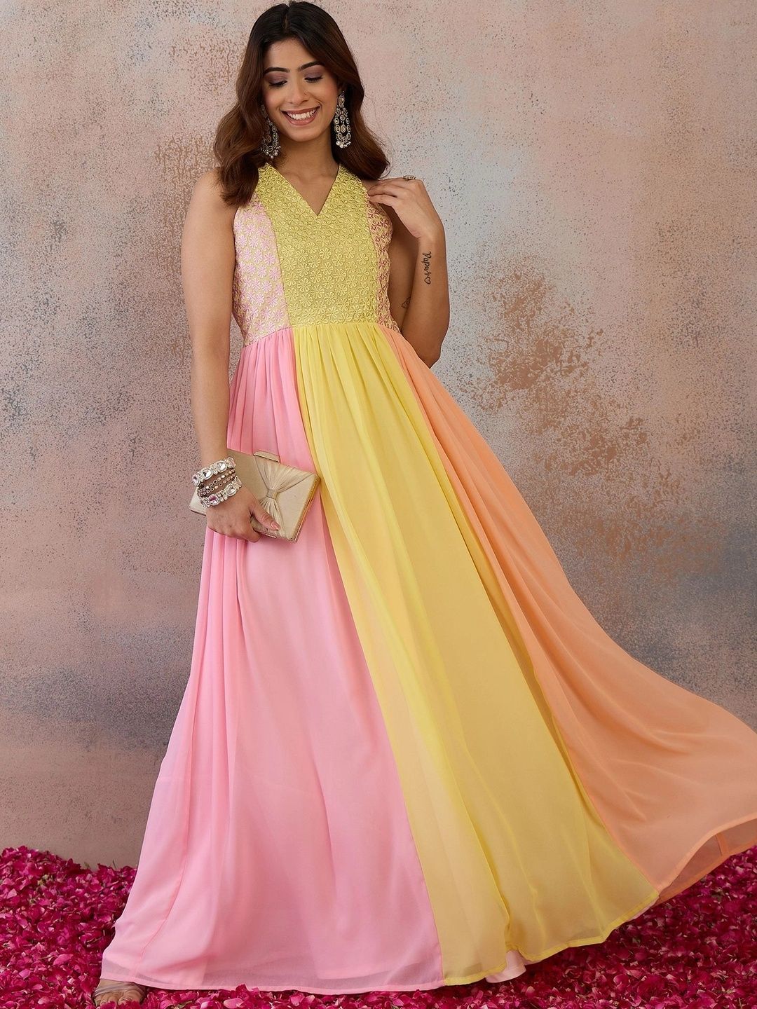 Inddus Colourblocked V-Neck A-Line Ethnic Dresses-picture-14