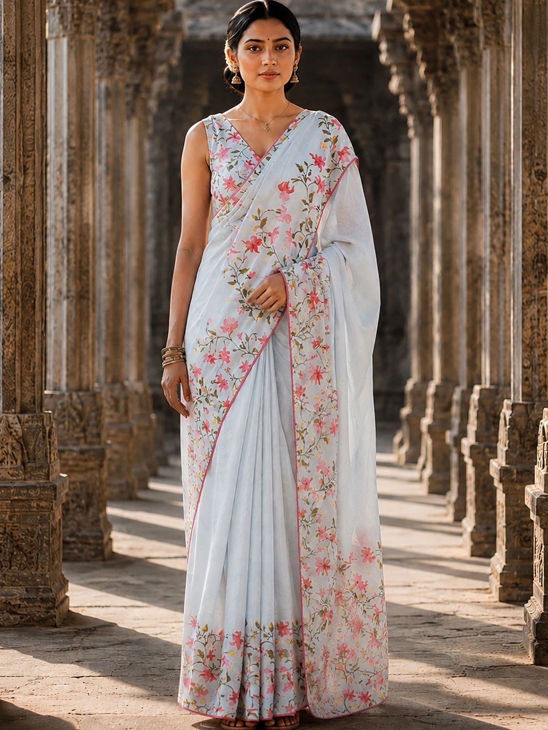 KALINI Floral Embroidered Linen Blend Designer Block Print Saree-picture-15