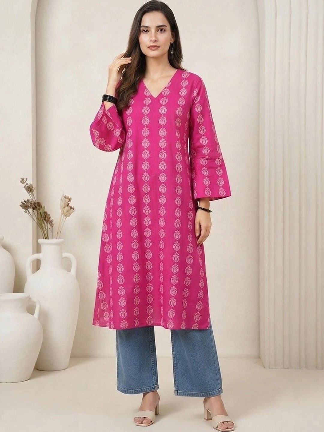 KALINI Ethnic Motifs Printed V-Neck Kurti-picture-32