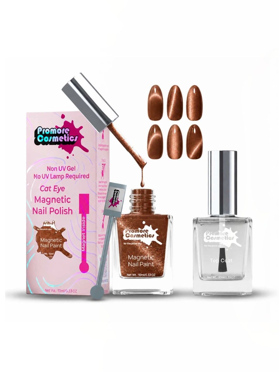 Promore Cosmetics Set Of 2 Magnetic Nail Polish Brown & Top Coat - 10 ml Each-image-5