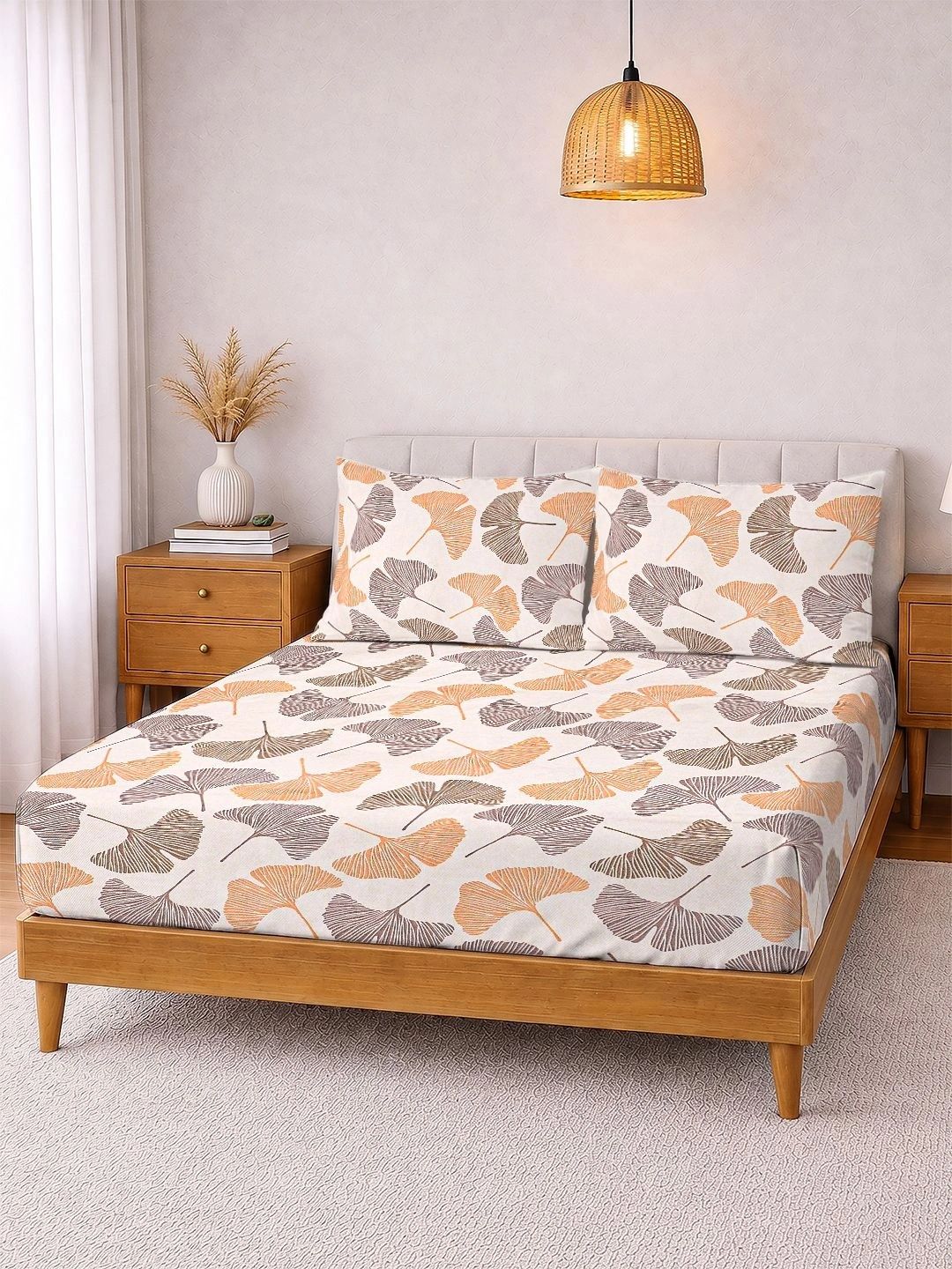 Myntra Elegant Homes Beige & Orange Floral 300 TC King Bedsheet with 2 Pillow Covers-image-8