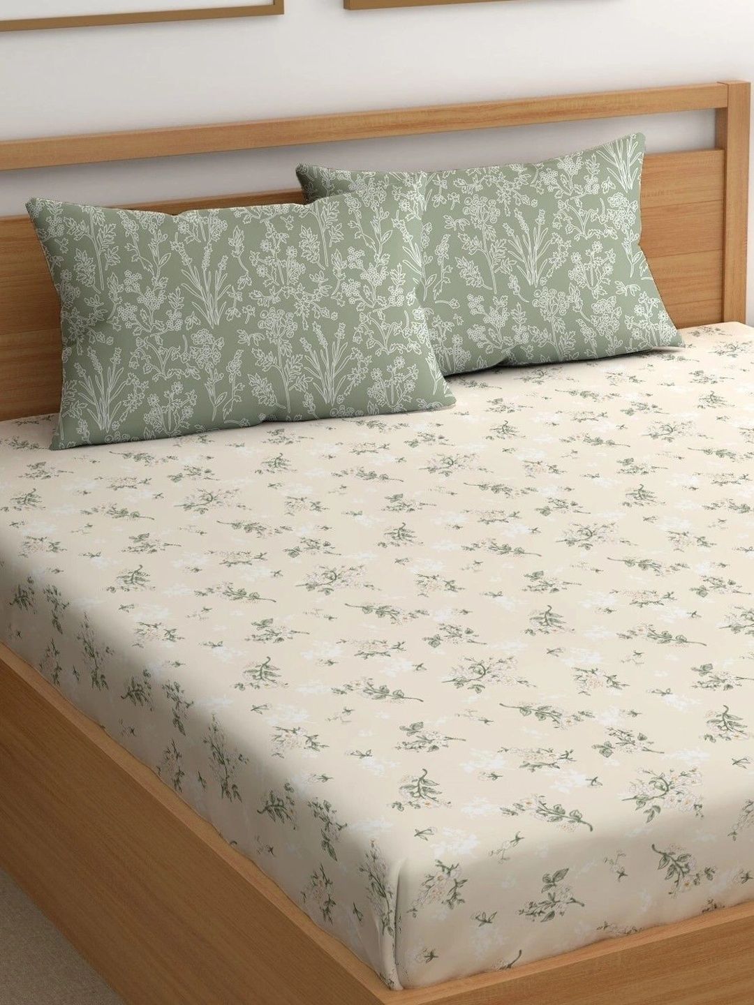 Myntra Elegant Homes Beige & Green Floral 400 TC King Bedsheet with 2 Pillow Covers-image-7