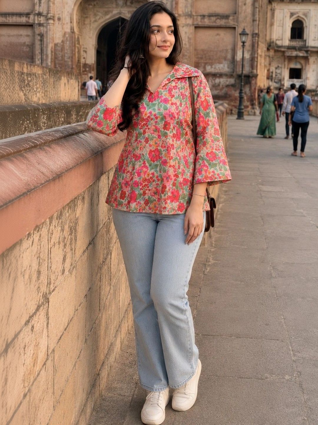 Maavish Floral Printed V-Neck Flared Sleeves Pure Cotton Blend Kurti-picture-55