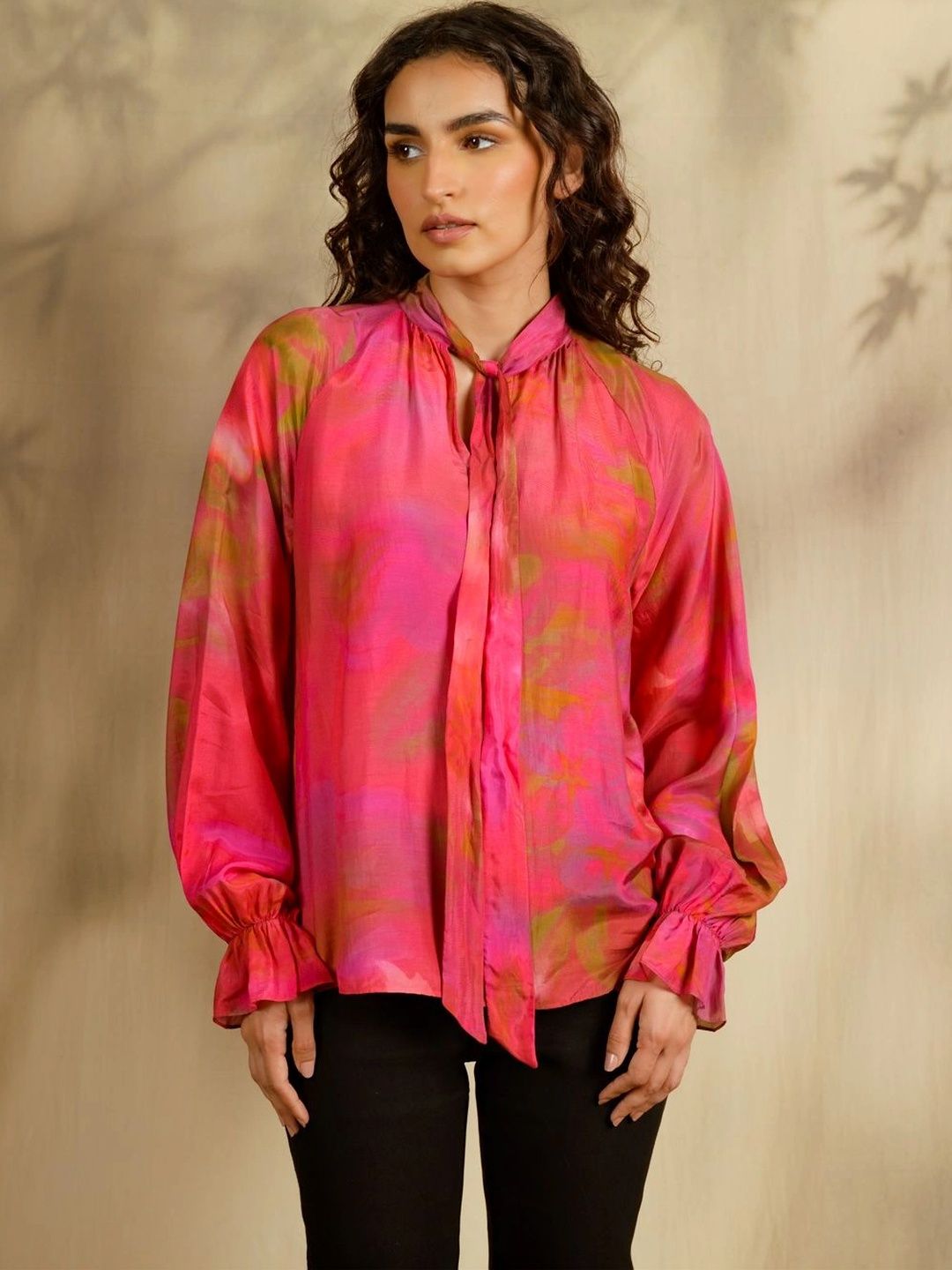 Contemponari Print Tie-Up Neck Bishop Sleeves Top-picture-46