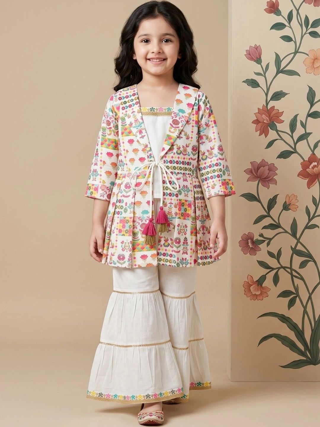 Aj DEZInES Girls Floral Printed Regular Pure Cotton Top with Sharara-picture-9