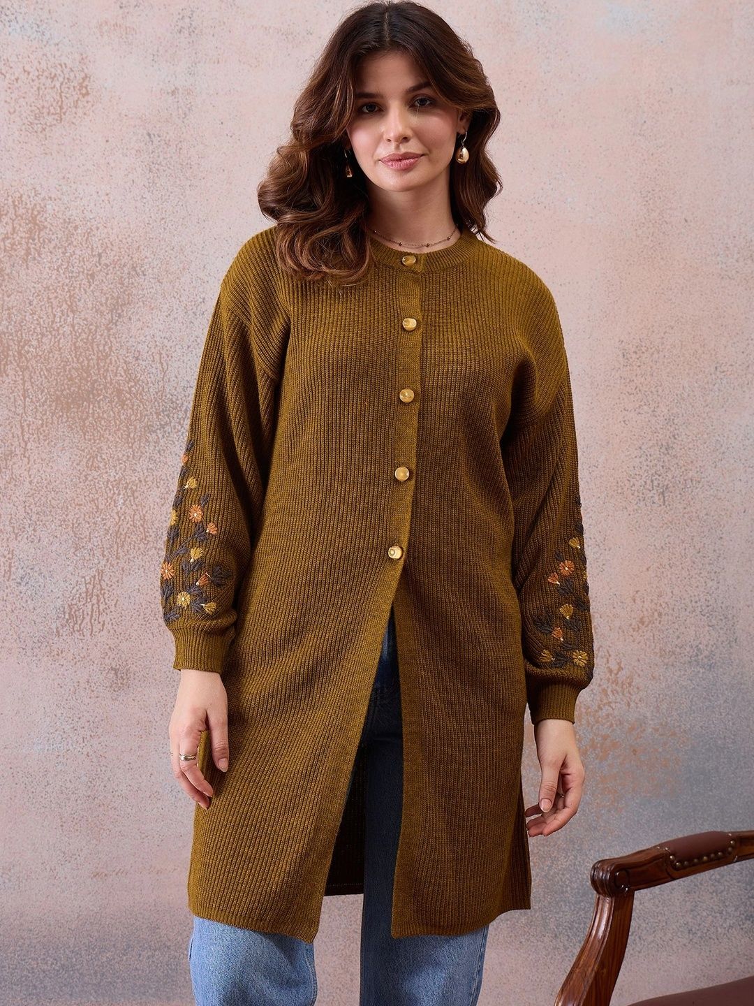 Chemistry Women Embroidered Ribbed Woollen Longline Cardigan with Embroidered Detail-picture-35