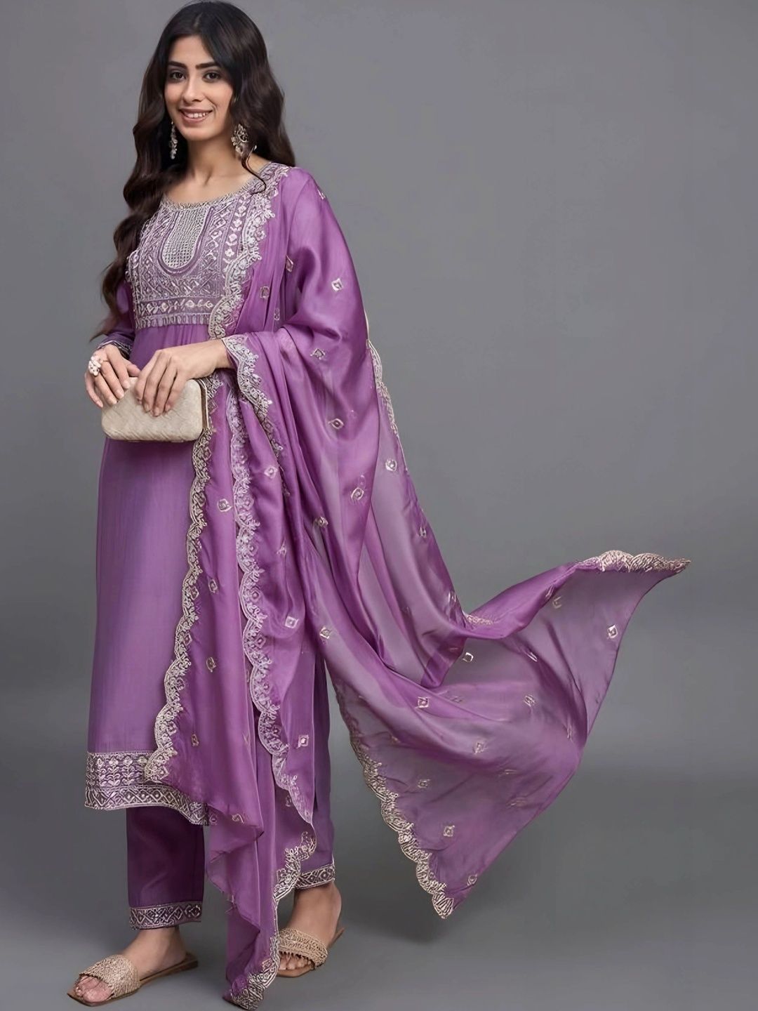 QENY Ethnic Motifs Embroidered Regular Thread Work Kurta with Trousers & With Dupatta-picture-34