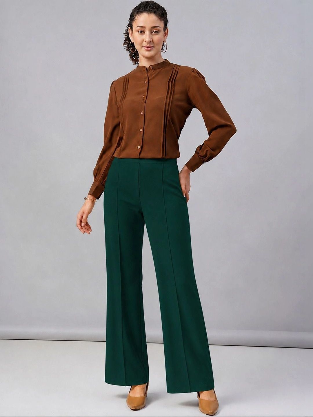 HERE&NOW Women Cotton Relaxed Fit Mid-Rise Easy Wash Trousers-picture-40