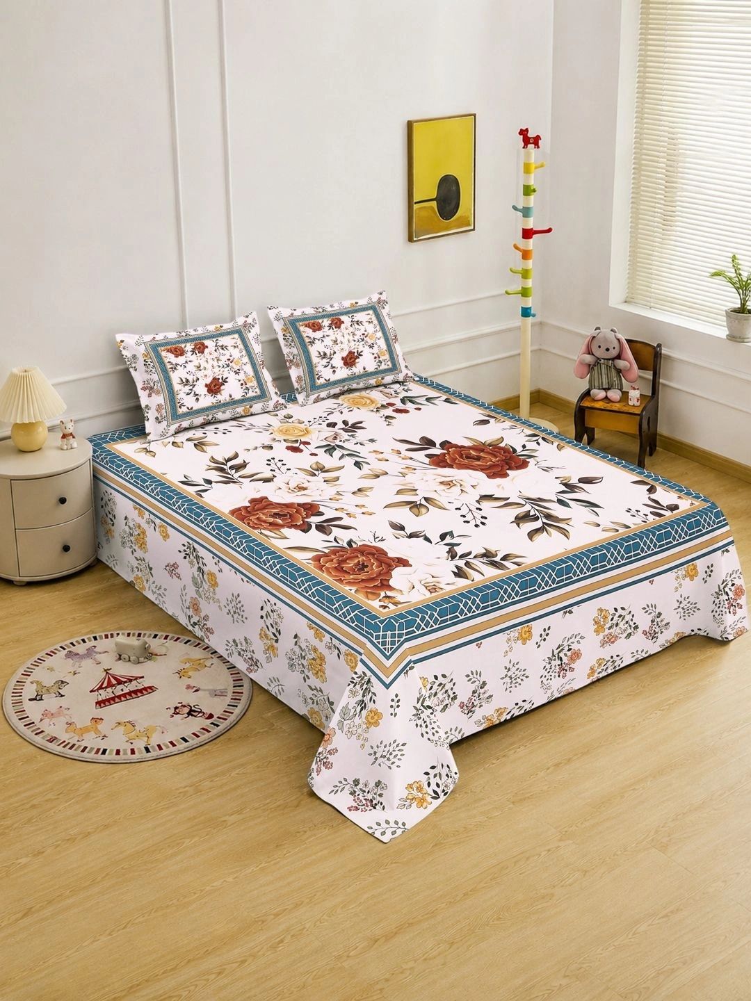 KLOTTHE Multicoloured Floral 400 TC King Bedsheet with 2 Pillow Covers-image-38