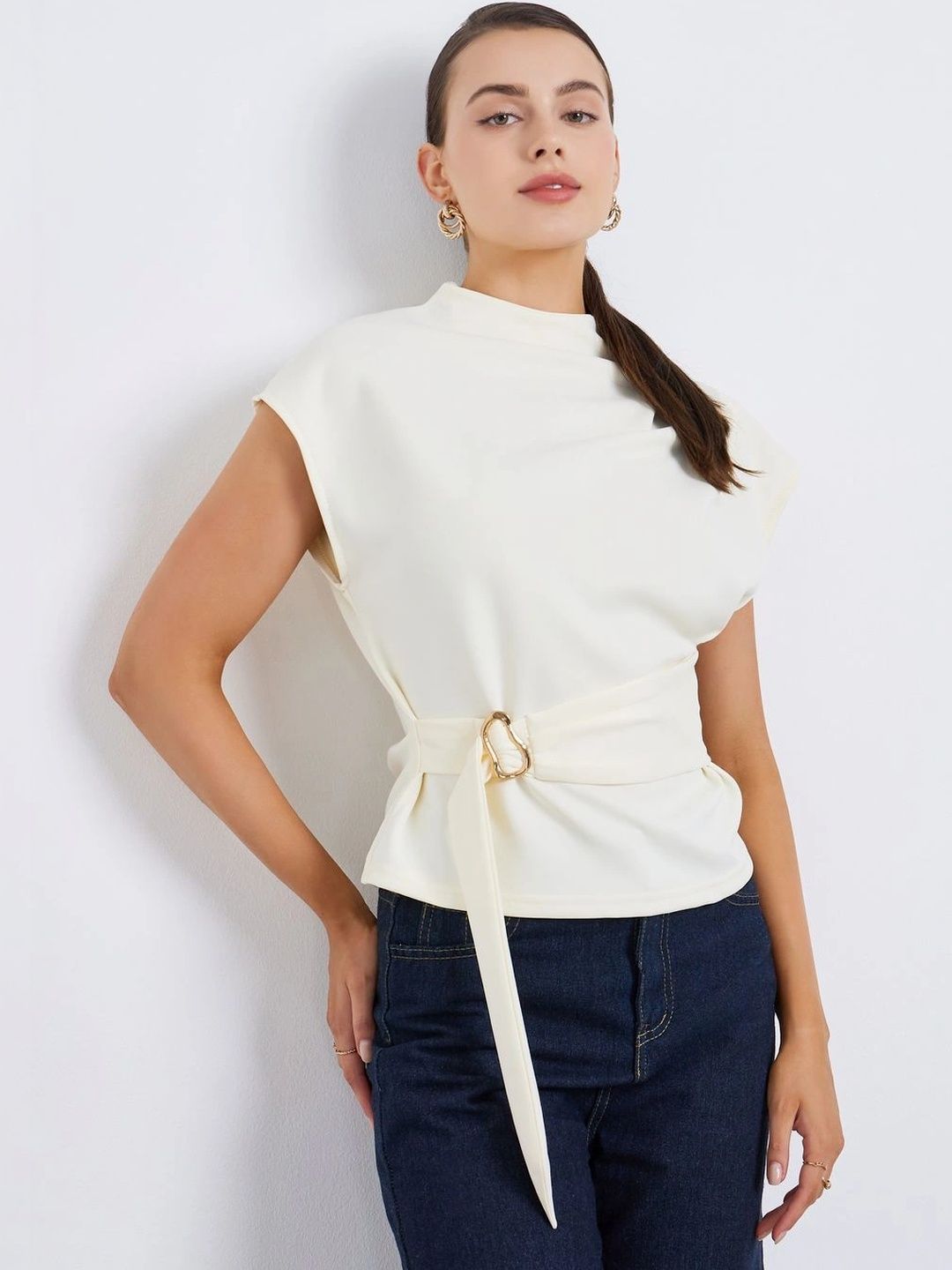 Styli Women Off White Solid Hig Neck Cap Sleeves Regular Fit Belted Top-picture-26