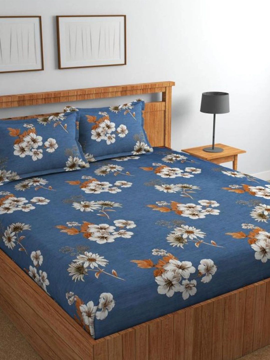 Florida Blue & White Floral 160 TC King Bedsheet with 2 Pillow Covers-image-49