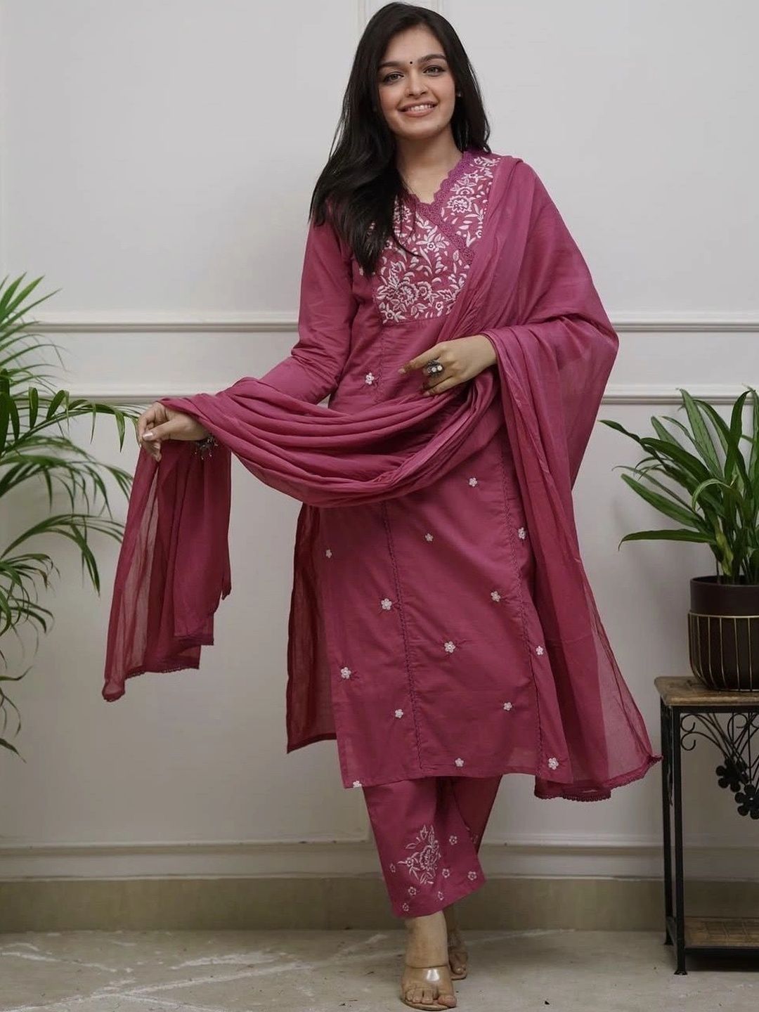 Indra Style Women Embroidered Angrakha Thread Work Kurta with Trousers & With Dupatta-picture-10
