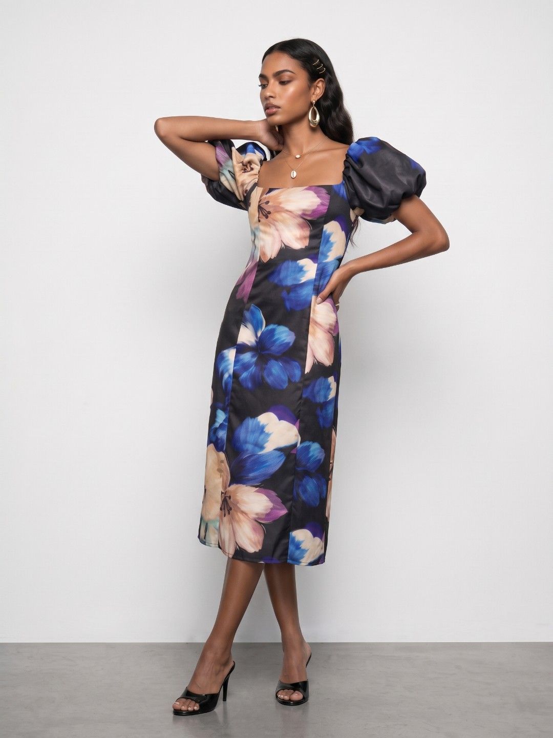 Phosphorus Floral Print Puff Sleeve A-Line Dress-picture-19