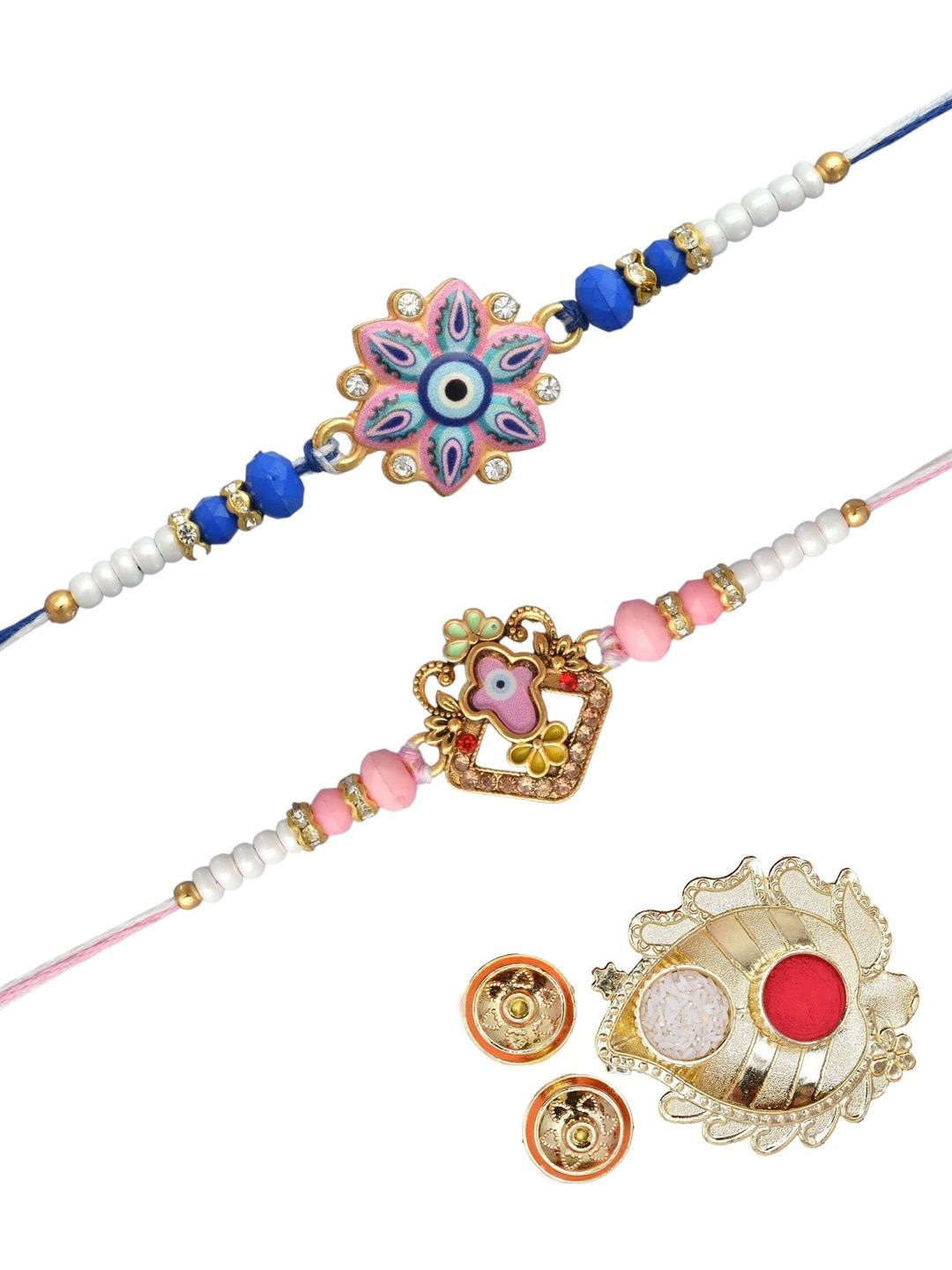 MEIRA JEWELLERY Set Of 2 Gold-Plated Rakhi Gift Set With Decorative Thaali & Greeting Card-picture-47