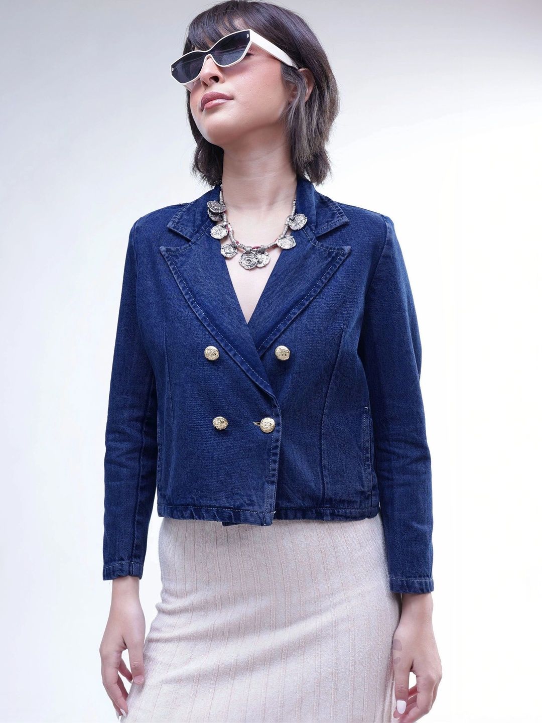 SASSAFRAS Notched Lapel Double-Breasted Denim Crop Blazer-image-16