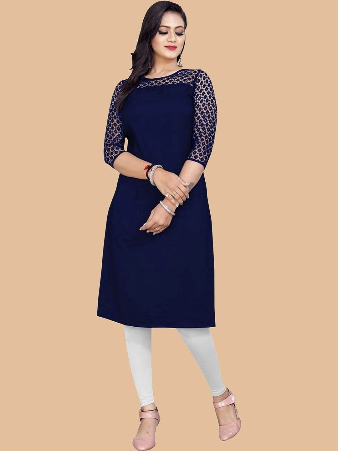Maheshvi Woven Design Poly Georgette Three-Quarter Sleeves Kurti-picture-16