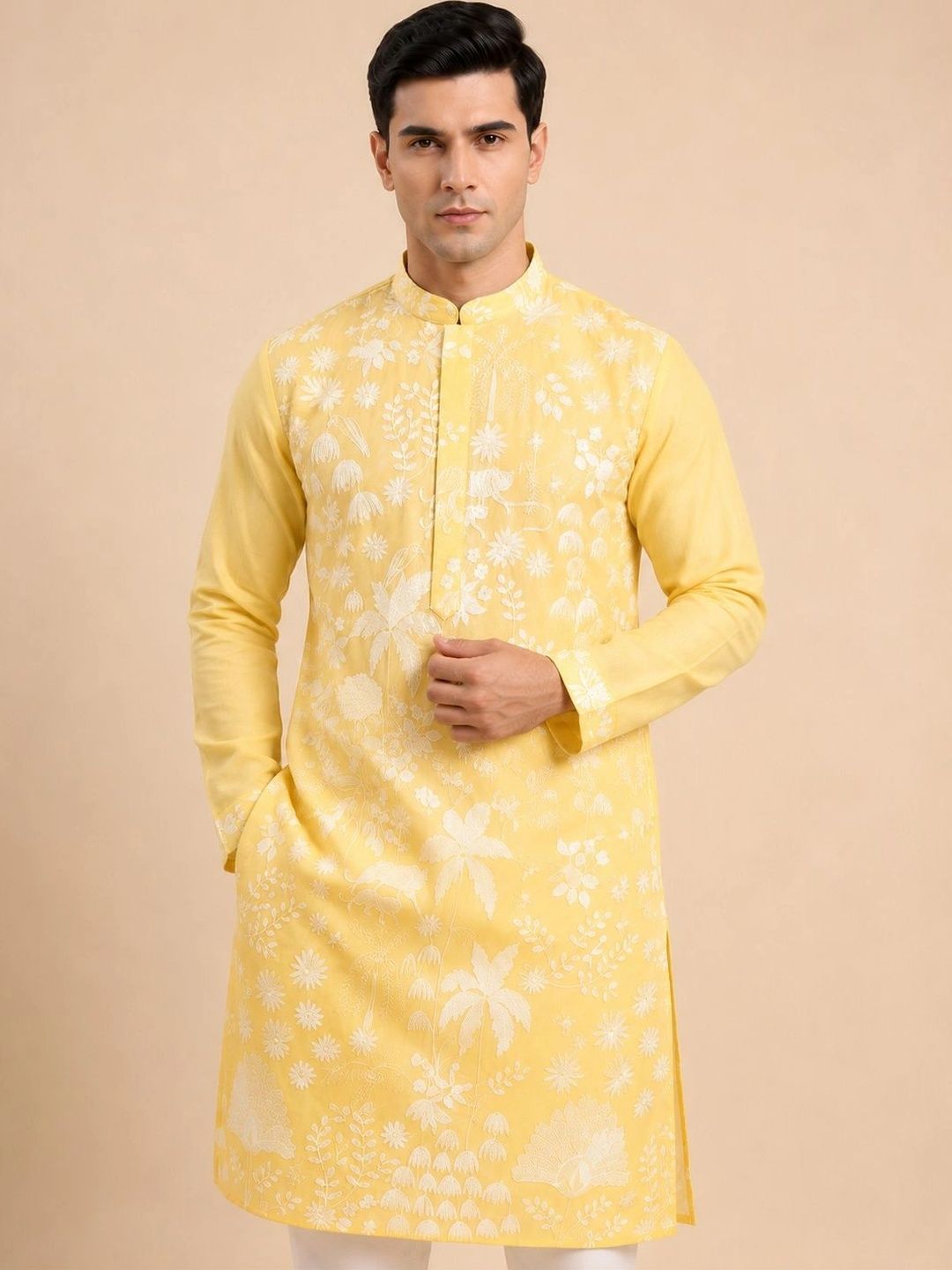 House of Pataudi Men Floral Embroidered Chikankari Kurta-picture-44