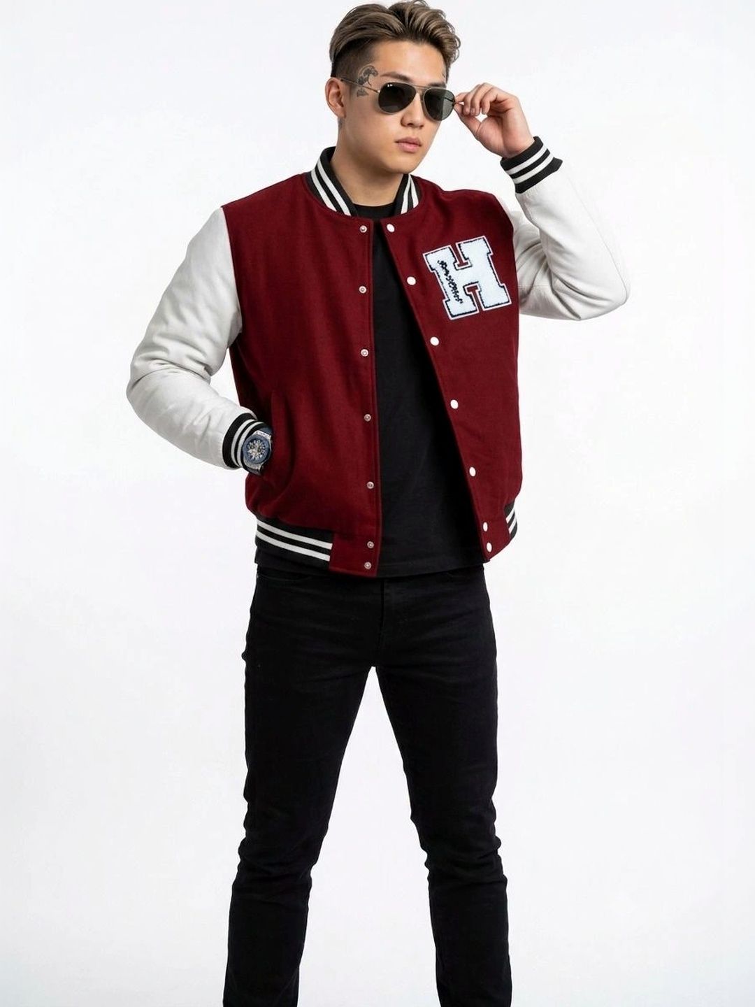 oiin Men Colourblocked Fleece Blend Varsity Jacket-picture-16
