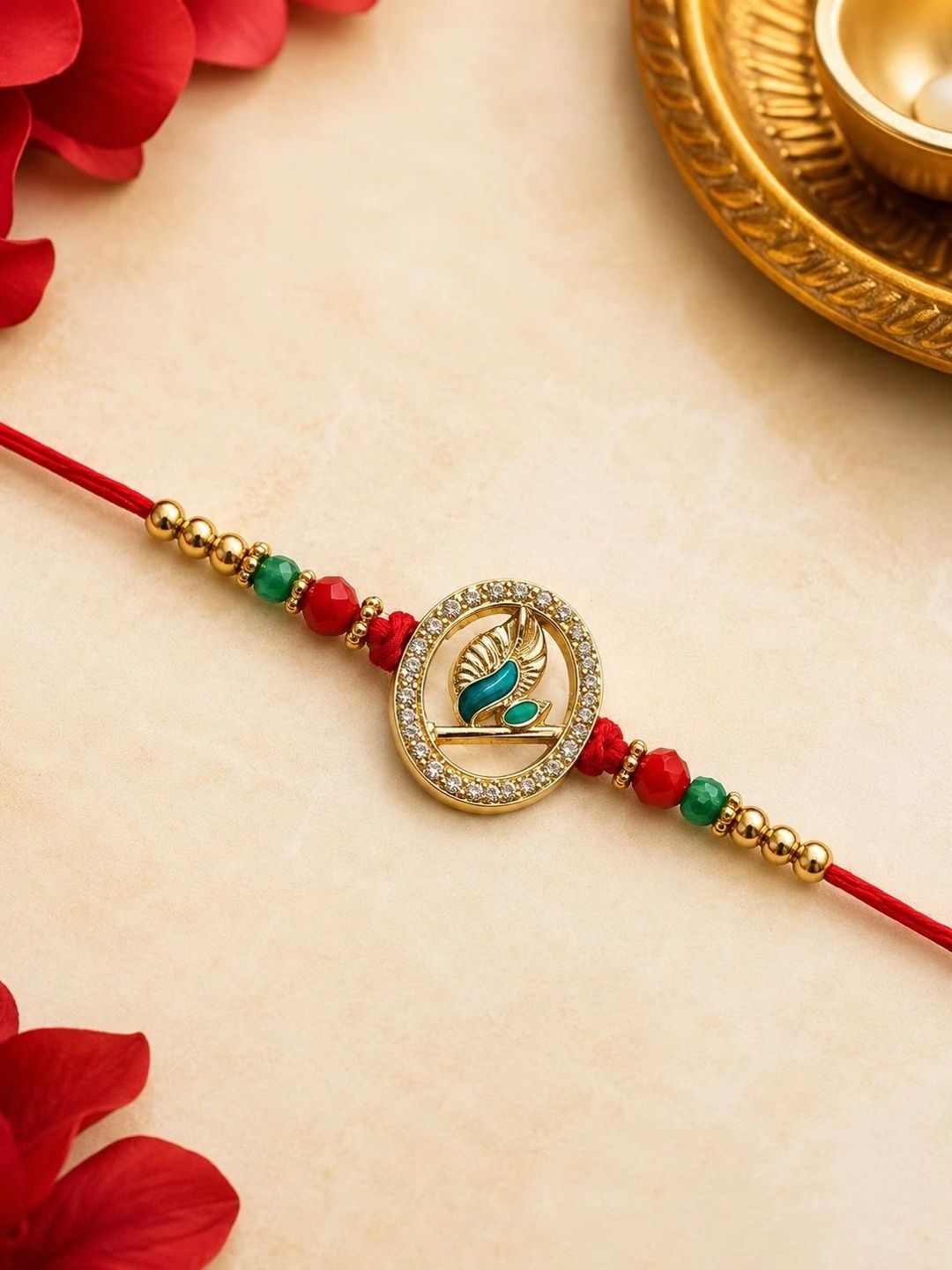 Anouk Crystal-Studded & Beaded Rakhi Gift Set With Greeting Card & Roli Chawal-image-2
