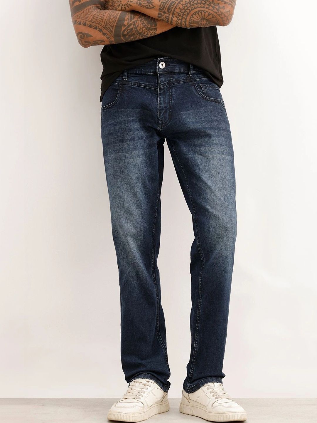 WROGN Men Straight Fit Mid-Rise Low Distress Light Fade Stretchable Jeans-picture-40