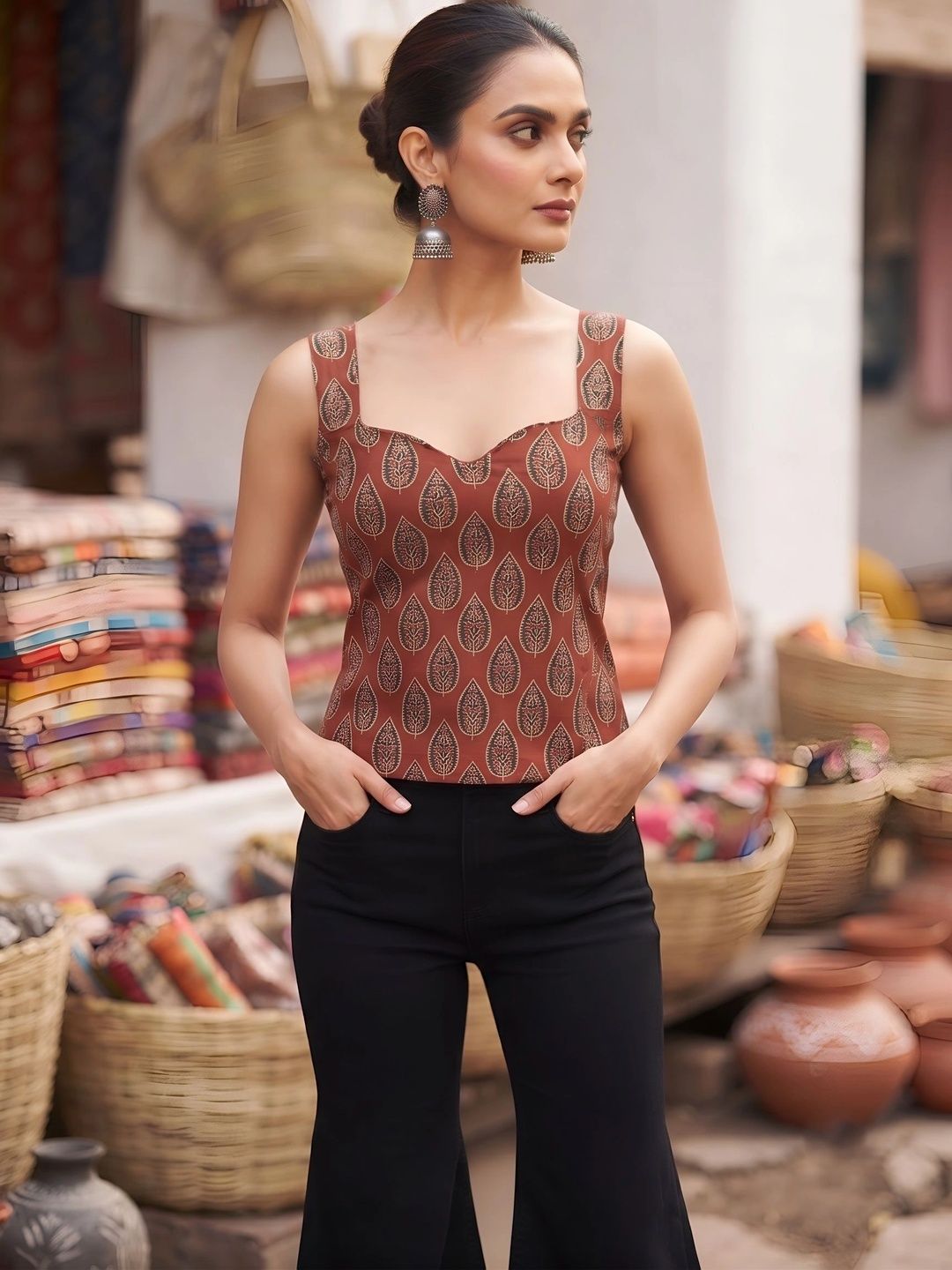 KEIYONA Print Sweetheart Neck Ethnic Cotton Top-picture-22