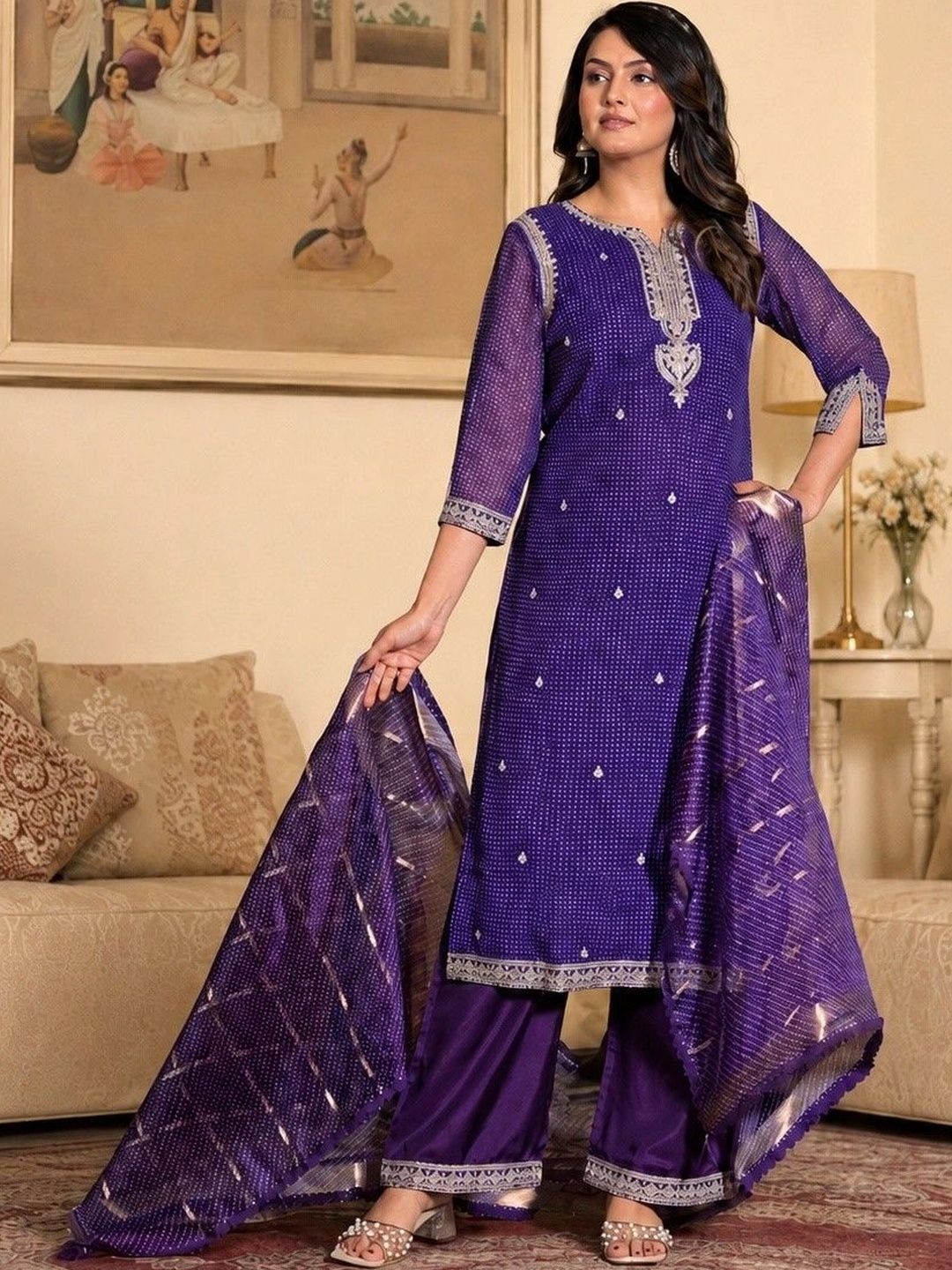 Sangria Women Ethnic Motifs Printed Regular Thread Work Kurta with Palazzos & With Dupatta-picture-39