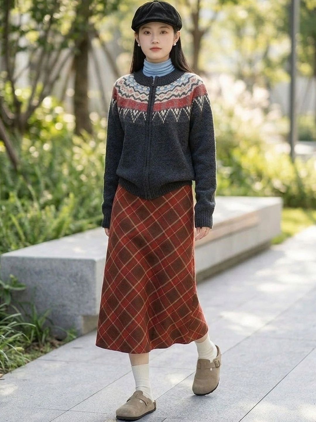 Suo Women Checked Midi A-Line Skirt-picture-39