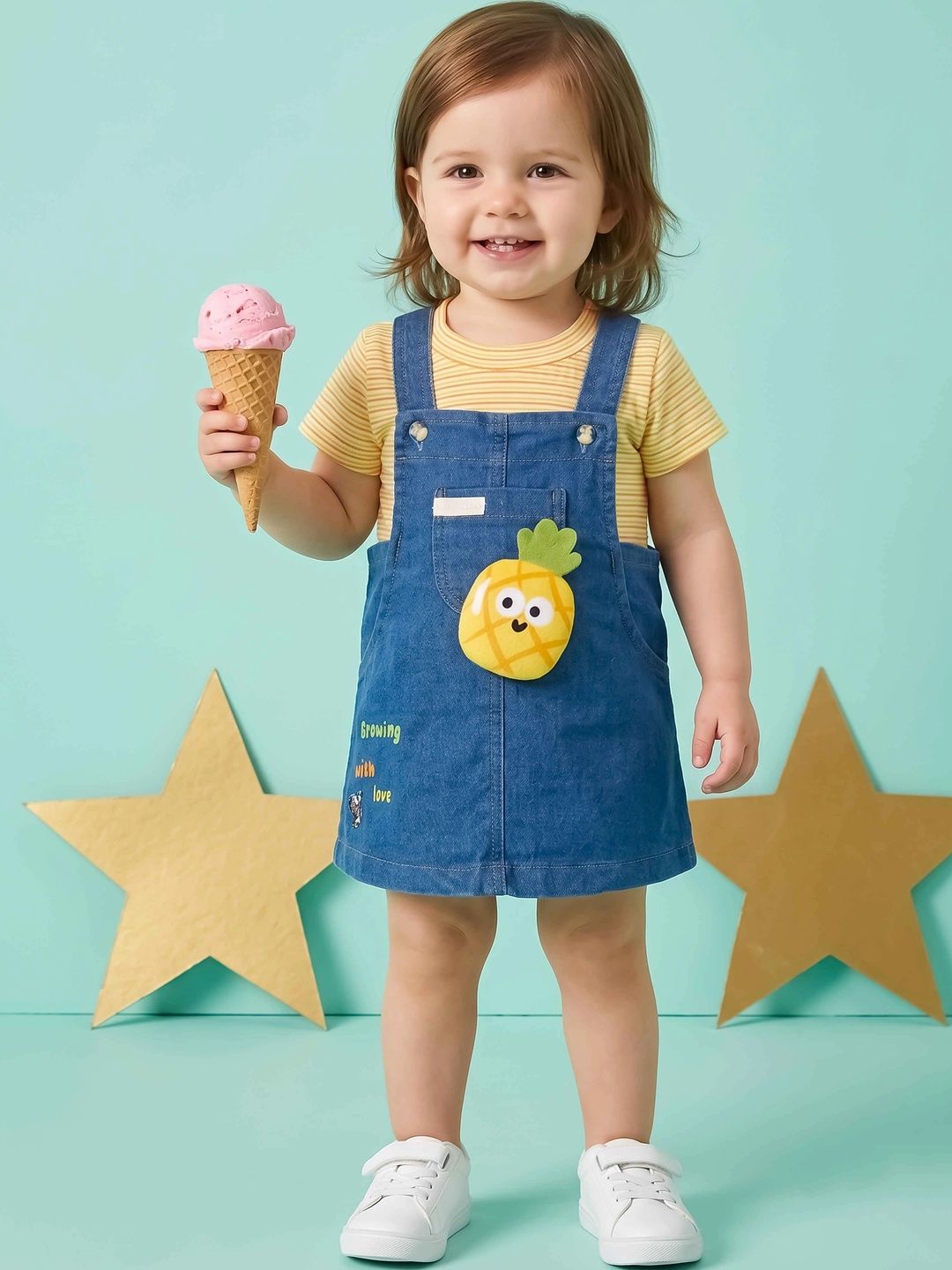 Babys Day Infant Girls Denim Pinafore Pina-Dungarees with Striped T-Shirt Set-picture-13