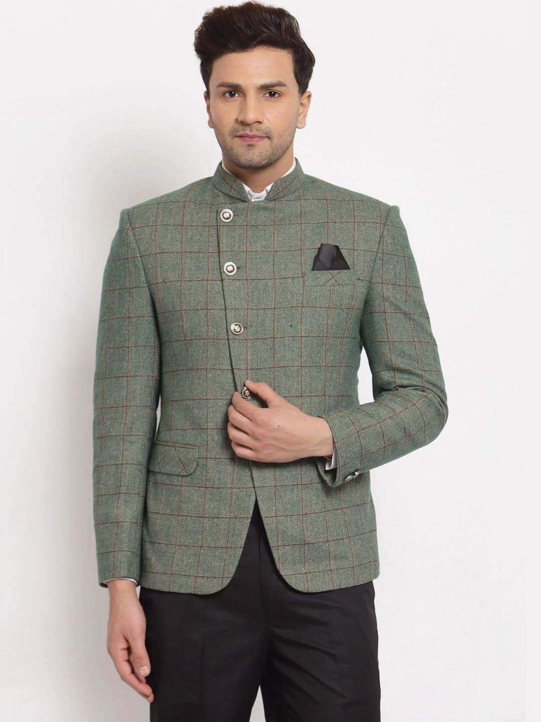 Moda Rapido Checked Mandarin Collar Single-Breasted Casual Blazer-picture-39
