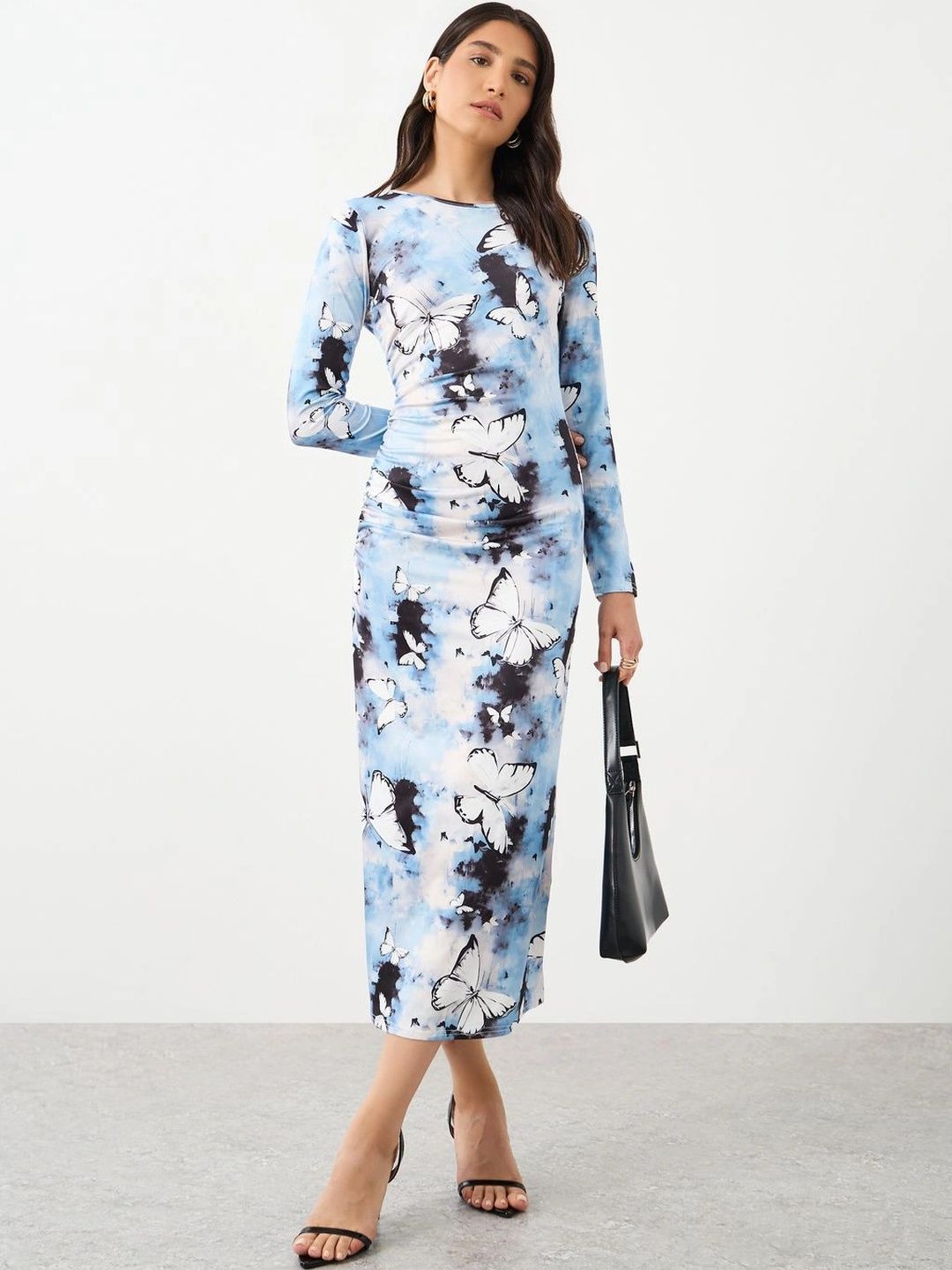 Styli Women Blue Butterfly Print Round-Neck Long Sleeves Bodycon Midi Dress-picture-12