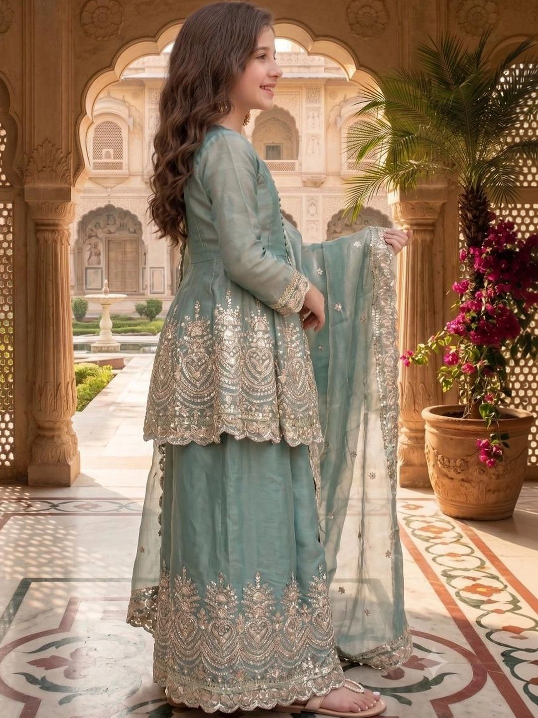 Sangria Girls Ethnic Motifs Embroidered Tiered Sequinned Pure Silk Kurta with Sharara & With Dupatta-picture-18