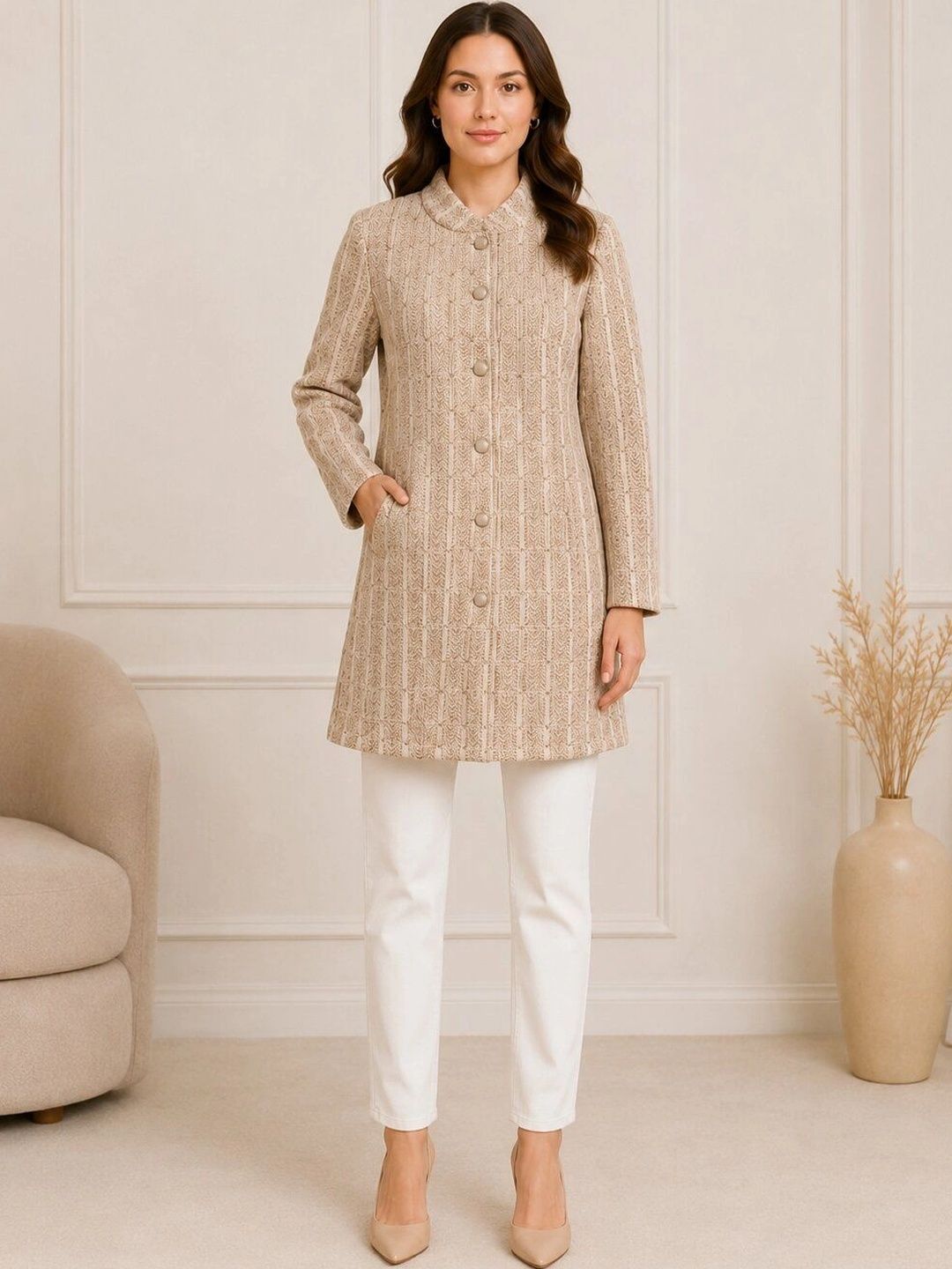 FIRST SLEEP Self Design Woolen Round Neck Single Breasted Long Overcoat-picture-58