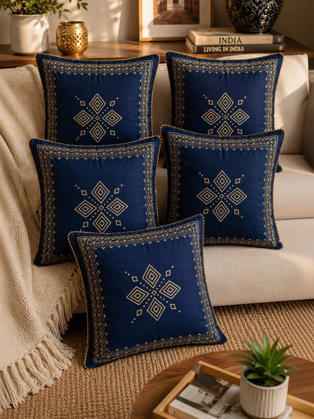 DESI GLAZE Blue Set of 5 Ethnic Motifs Square Cushion Covers-picture-33