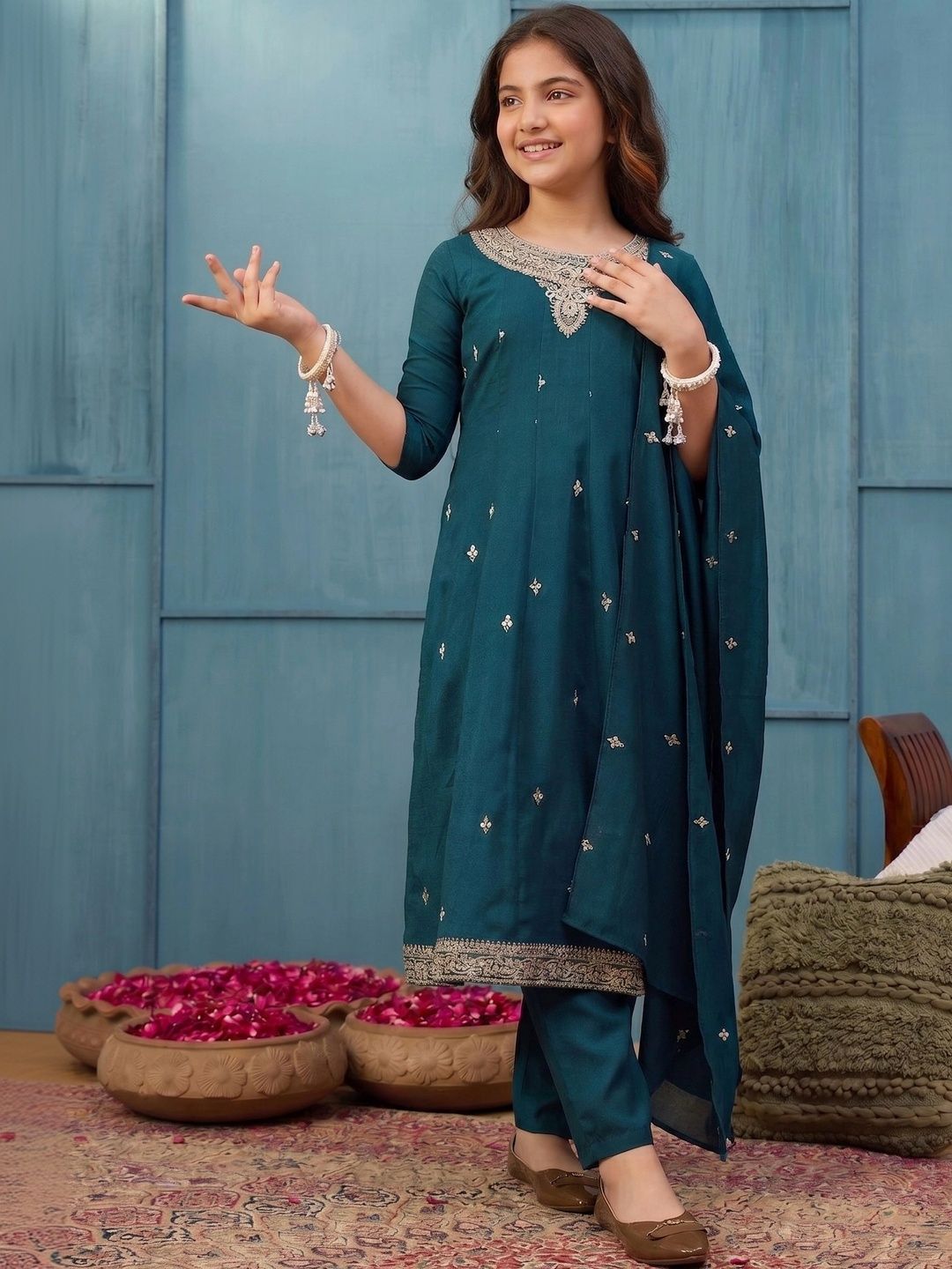 VOGAAN JUNIOR Girls Ethnic Motifs Embroidered Regular Thread Work Kurta with Trousers & With Dupatta-picture-28