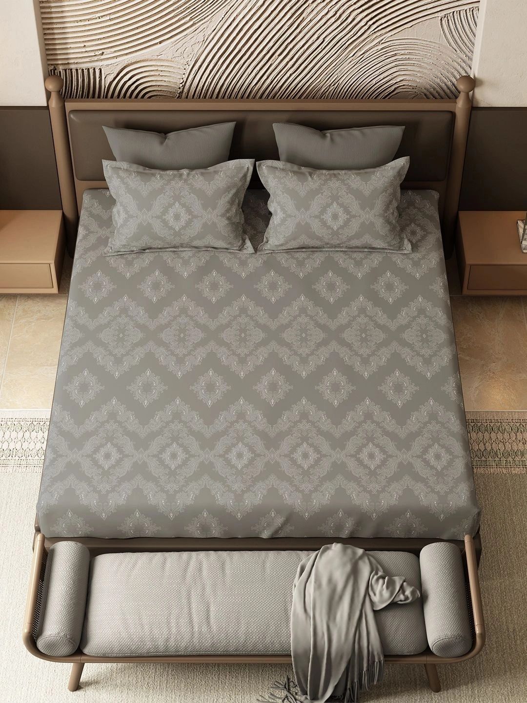 MYTRIDENT Grey Ethnic Motifs 144 TC King 3-Pcs Bedsheet With Pillow Covers-picture-32
