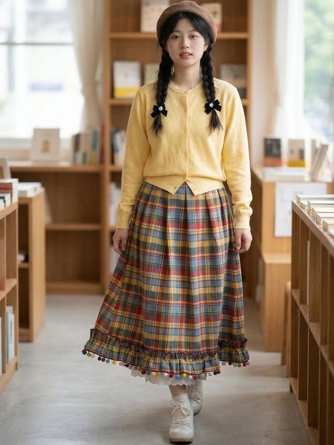 Suo Women Checked Summer Checks Midi A-Line Skirt-picture-26